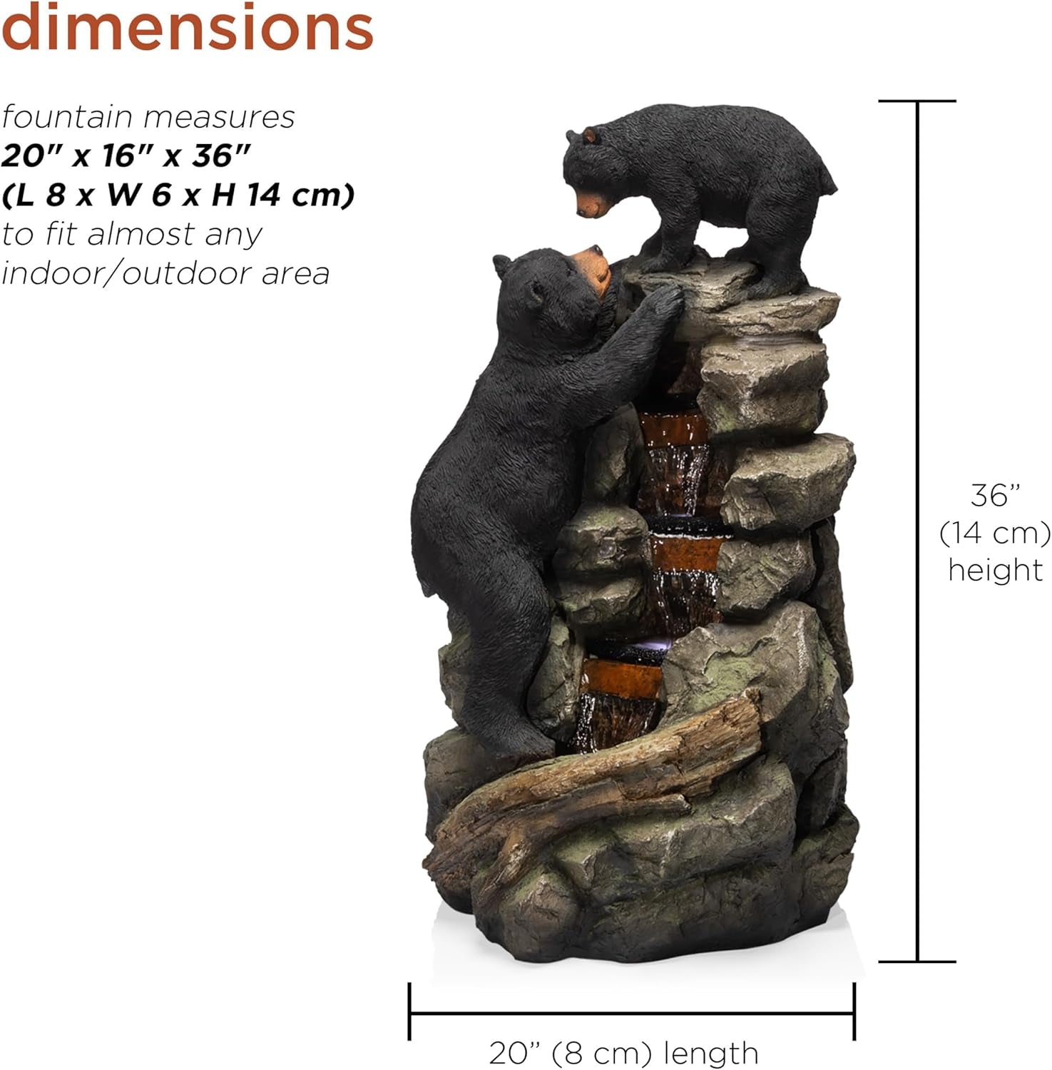 36" Indoor/Outdoor 2 Bears Climbing Water Fountain with LED Lights – Charming Cascading Wildlife Decor for Garden, Patio, and Home