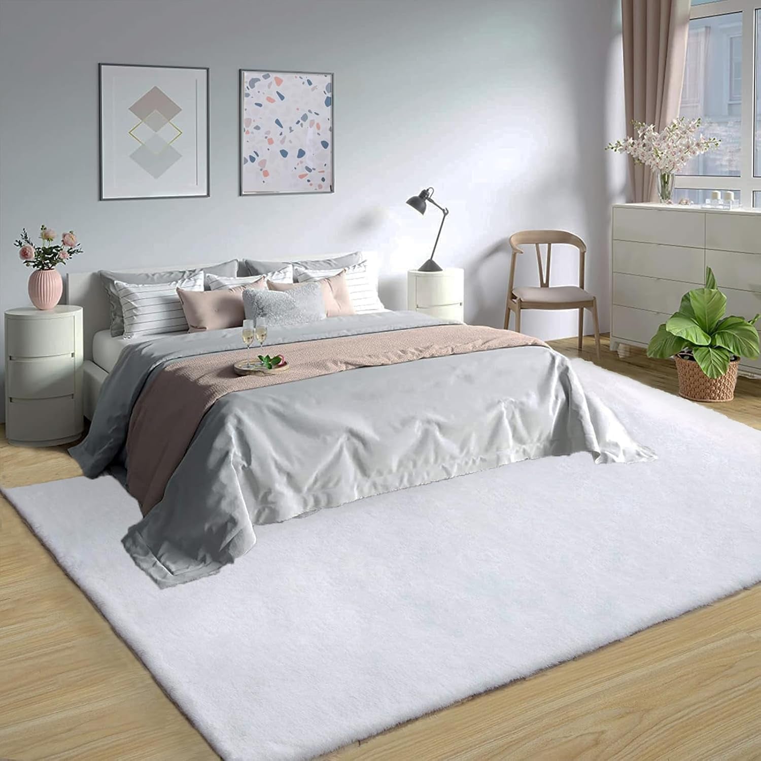 Luxurious White Fluffy 8x10 Faux Rabbit Fur Area Rug - Washable Plush Shaggy Carpet for Living Room, Bedroom, and Nursery Decor
