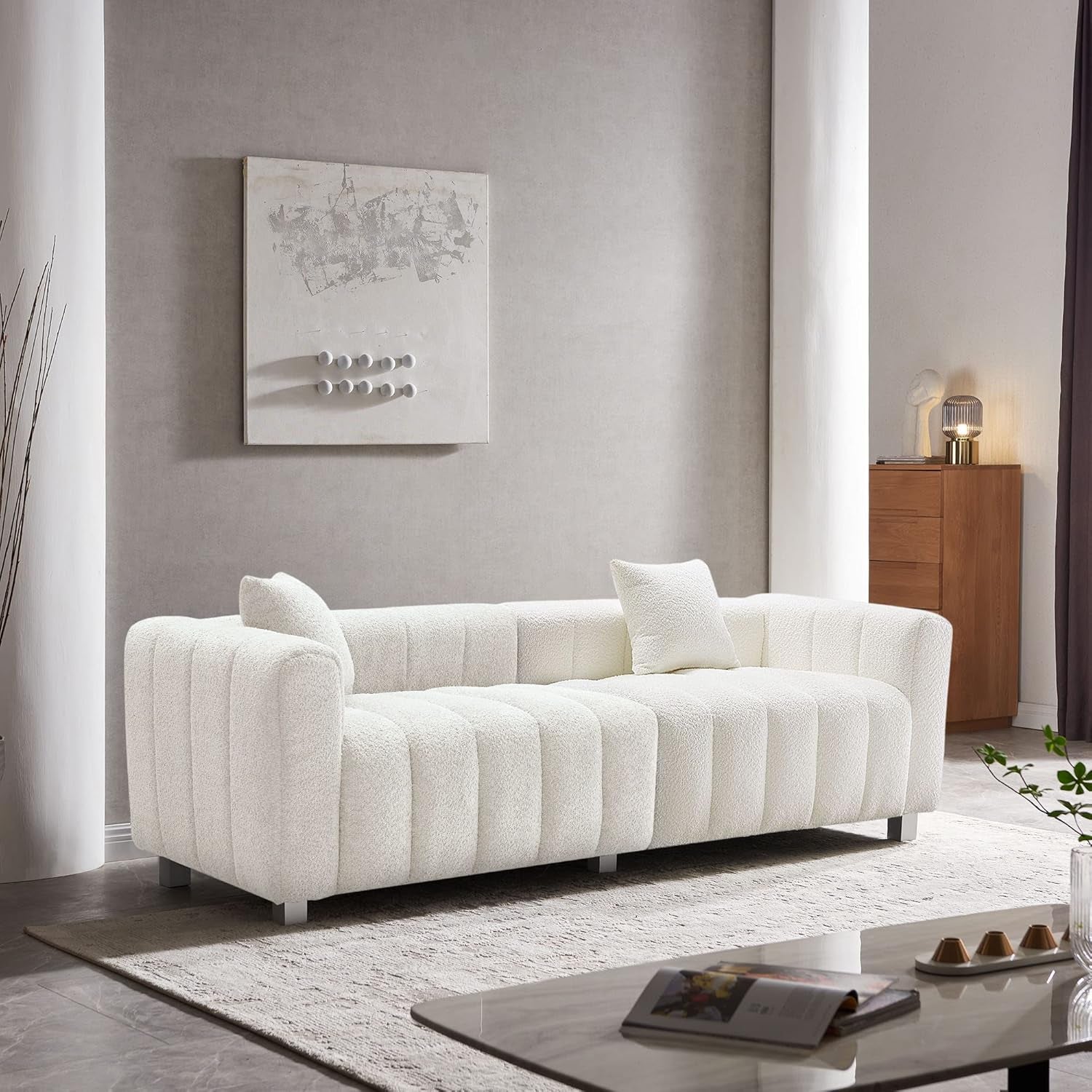 Stylish 87.4" Modern 3-Seater Boucle Sofa - Mid Century Fluffy Couch with Solid Wood Frame, 750 LBS Capacity - Perfect for Living Room, Bedroom, or Apartment (White)