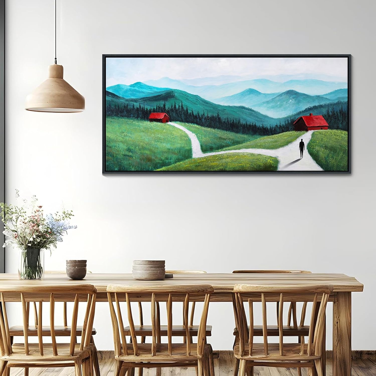 Stunning Green Abstract Landscape Canvas Art - Modern Mountain Forest Wall Decor for Living Room & Bedroom, 24"x48
