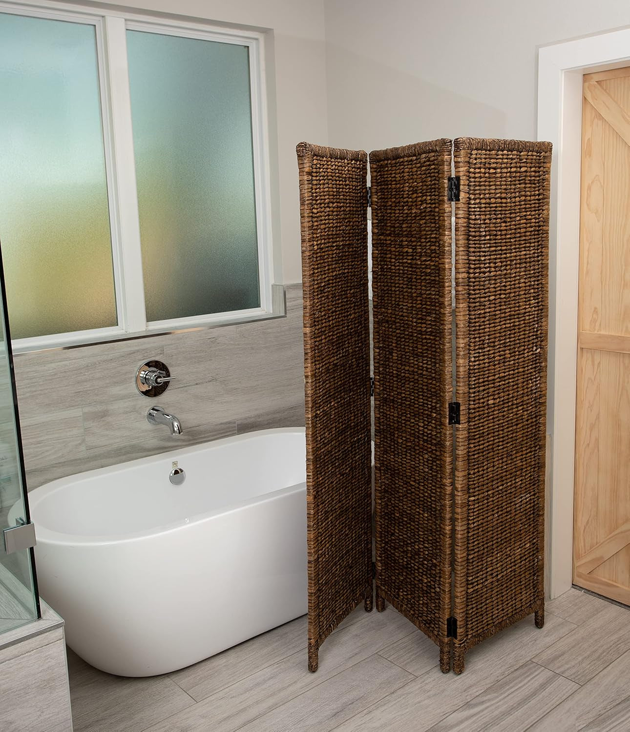 Elegant 3 Panel Seagrass Room Divider - Hand Woven Abaca - Stylish Folding Partition Screen in Brown Wash - Perfect Home Decor Accent