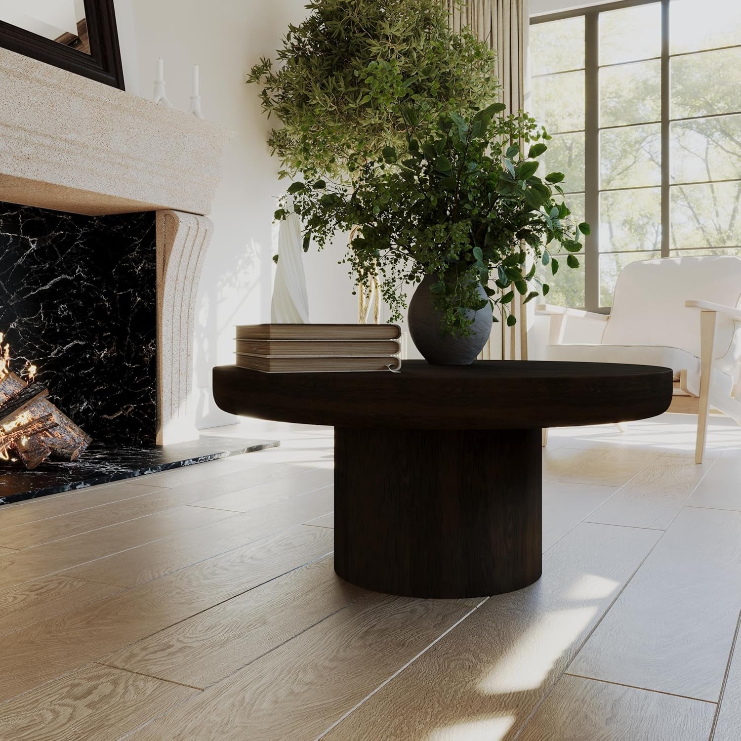 Chic Aged Brown Wooden Circular Coffee Table - 36" Round Modern Farmhouse Accent for Your Living Room