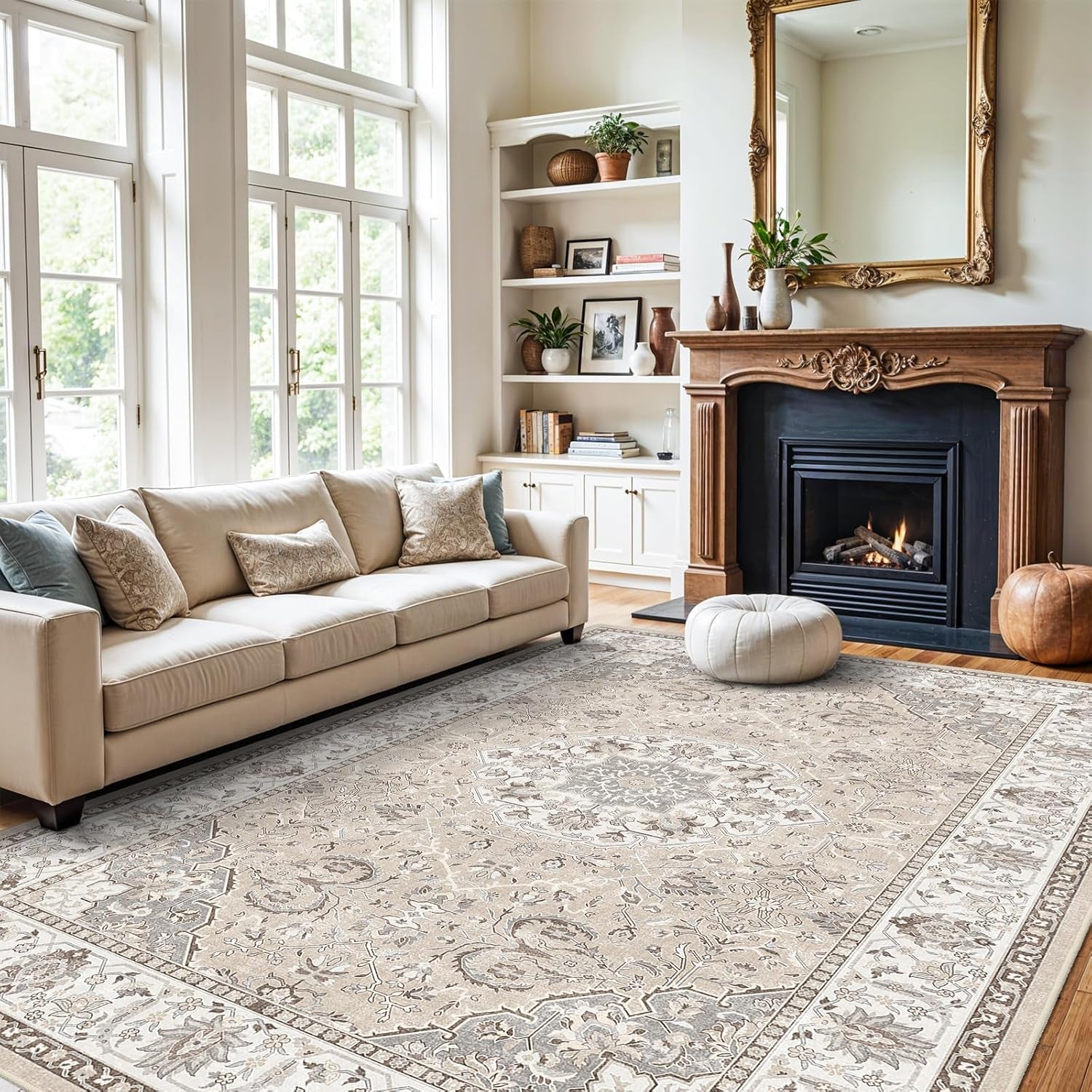 10x14 Washable Vintage Area Rug - Large Soft Stain-Resistant Carpet with Non-Slip Backing, Water-Resistant Low Pile Mat for Living Room and King Size Beds, Pet-Friendly Home Decor (Beige)