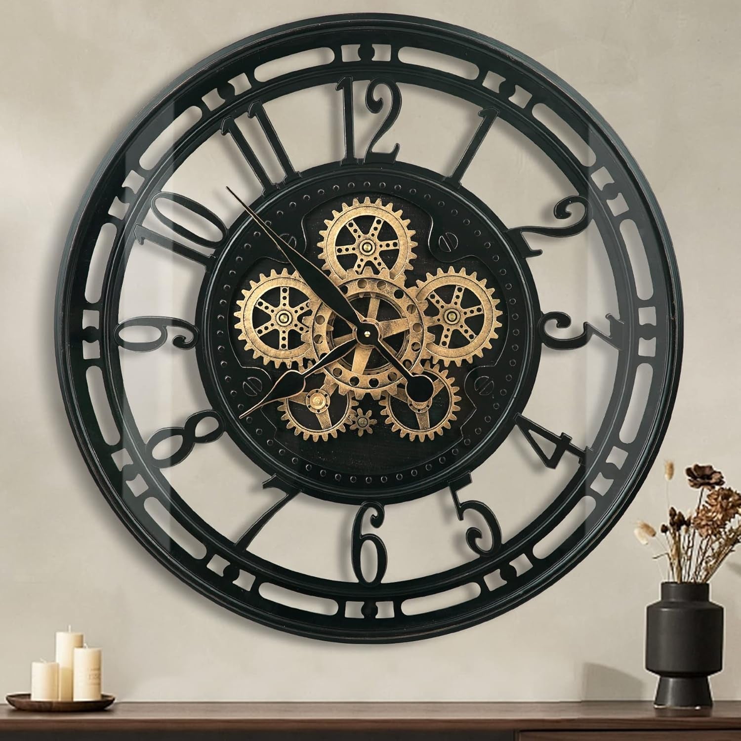 Large Industrial Steampunk Metal Wall Clock - 27.6 Inch Black Gold Rustic Decor for Living Room, Farmhouse & Office