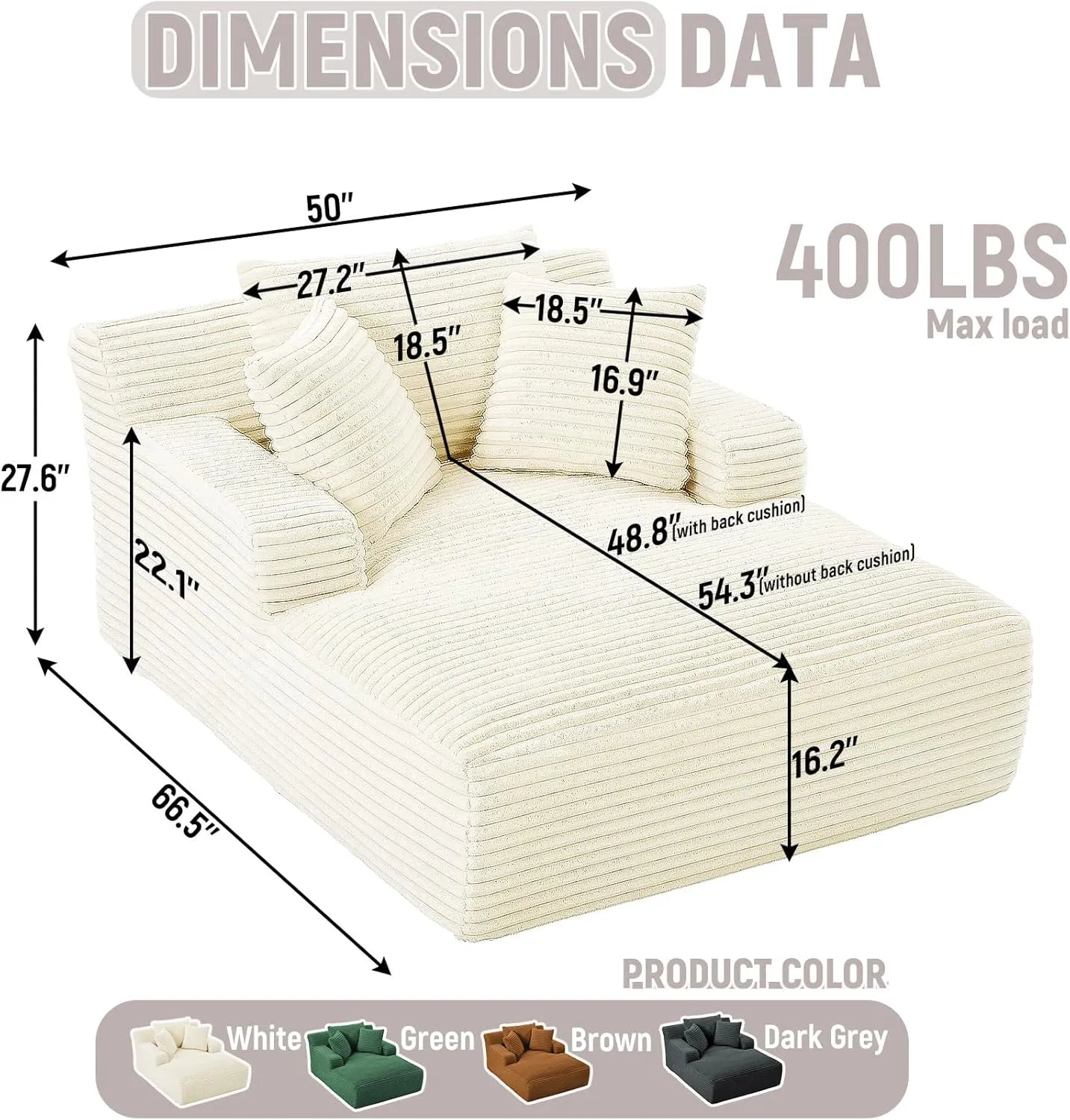 Luxurious Oversized Corduroy Chaise Lounge Chair with 3 Plush Pillows - Comfy Sleeper Sofa & Recliner for Ultimate Relaxation