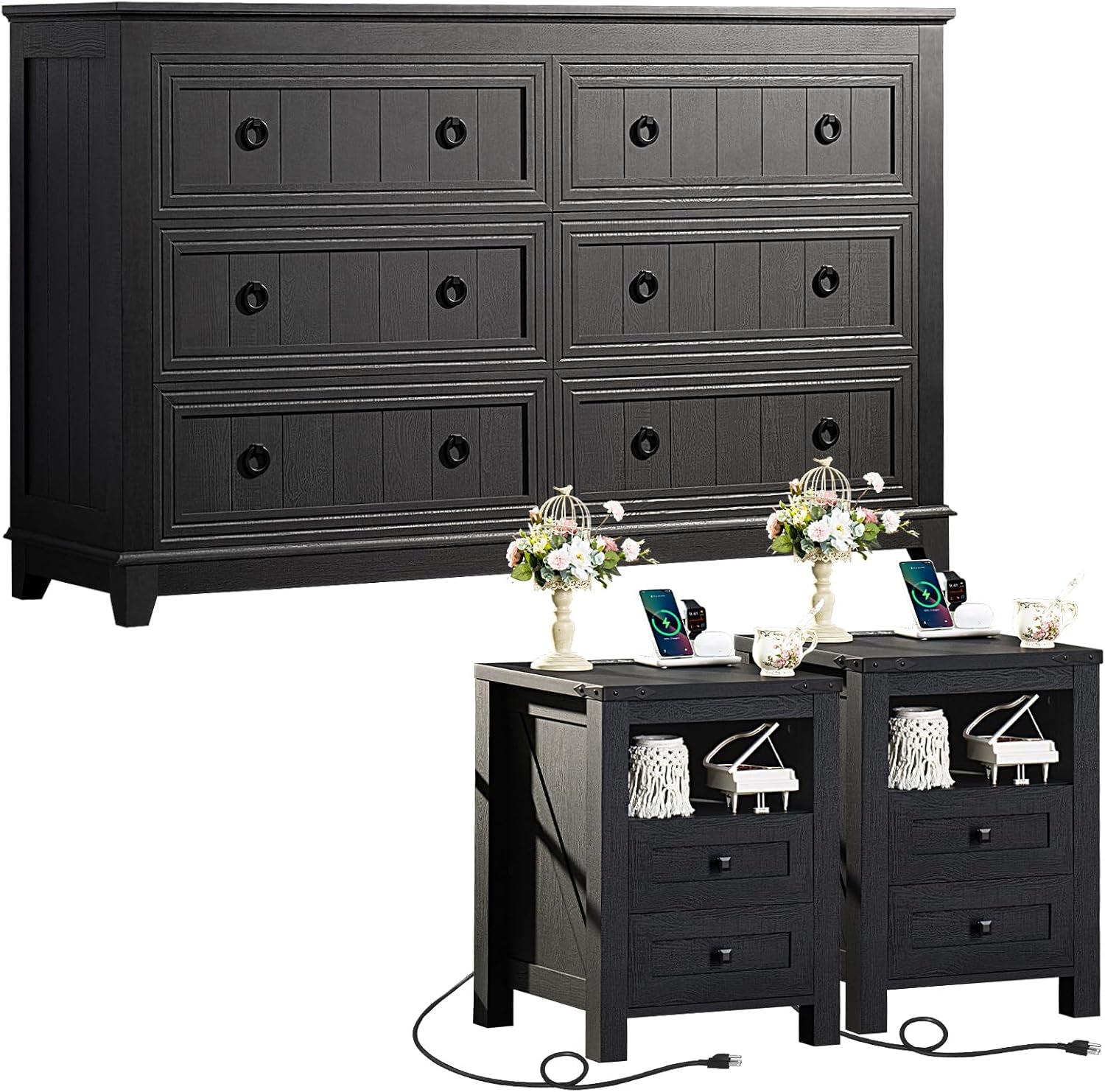 Chic Farmhouse Bedroom & Living Room Furniture Set: 58” Dresser with 6 Drawers & Set of 2 Night Stands with Charging Stations
