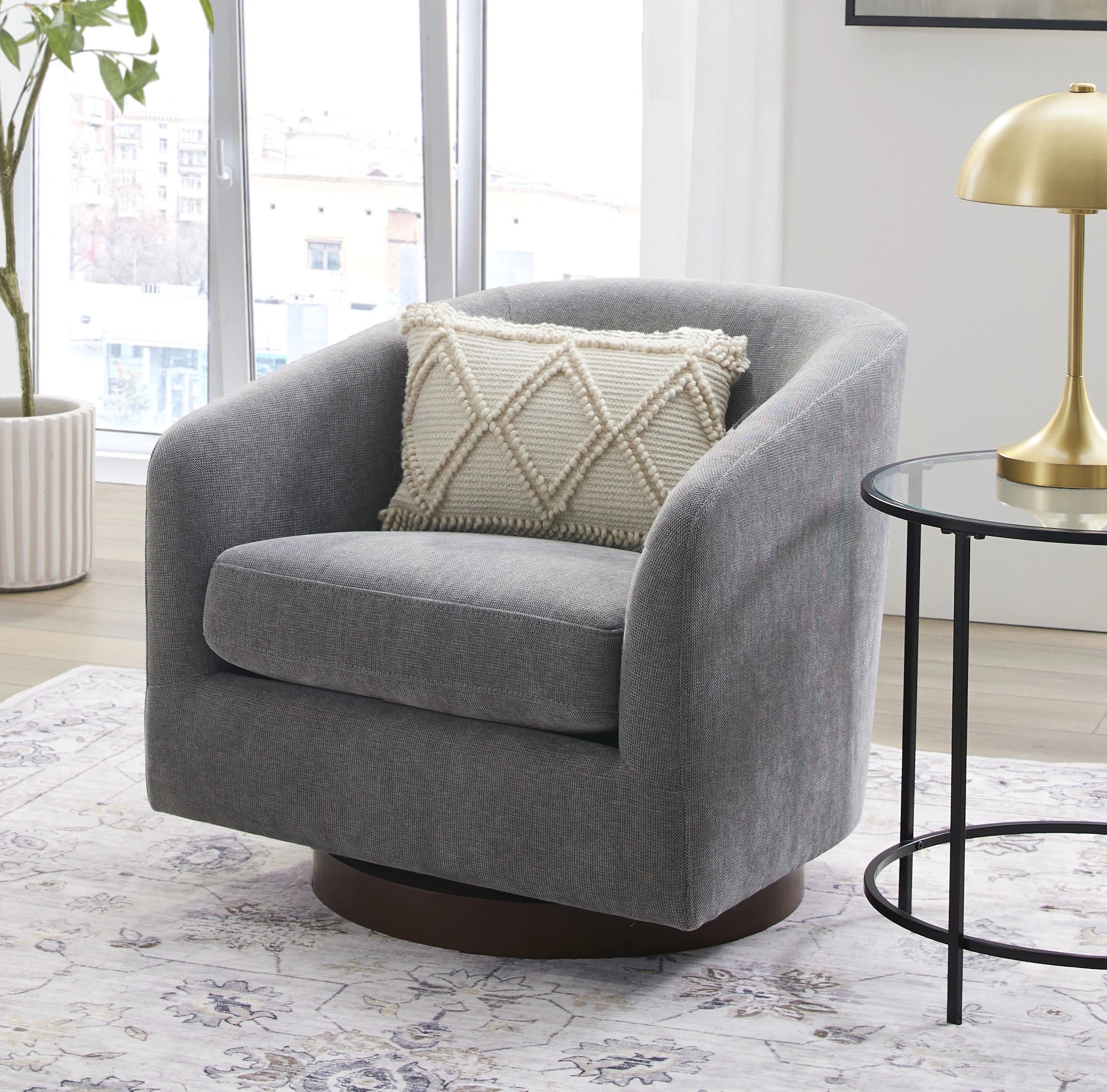 Stylish Gray Bradford Wooden Base Swivel Accent Chair for Modern Living Spaces