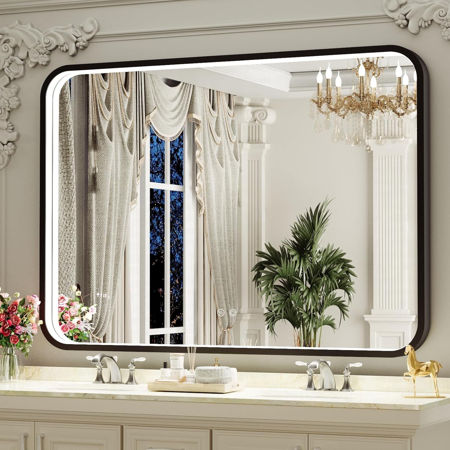 40x30 Inch Black LED Vanity Mirror with Metal Frame, Anti-Fog, Dimmable Touch Control, Wall-Mounted for Horizontal/Vertical Display, Ideal for Bathroom Decor
