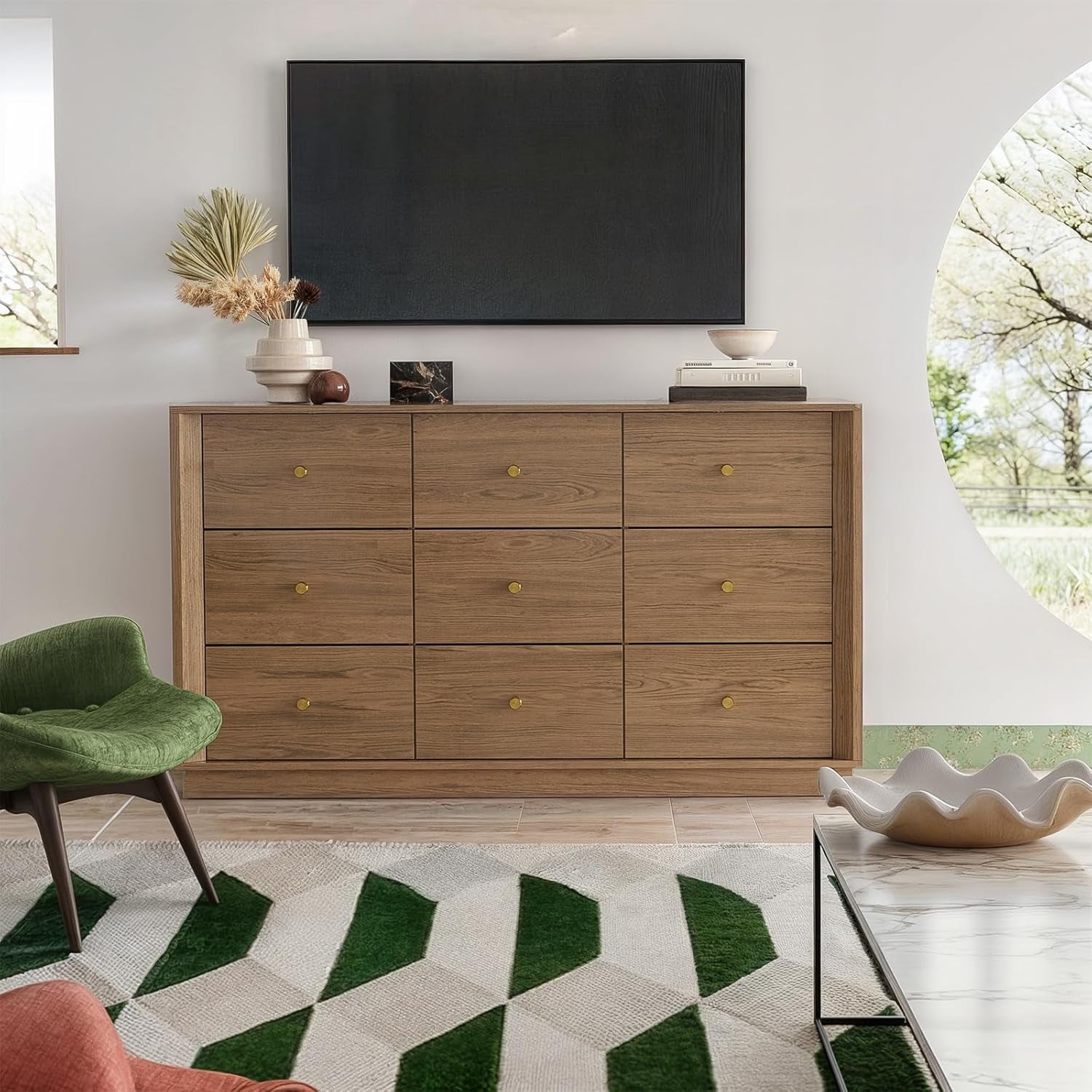 Mid Century Modern 9 Drawer Dresser - 55" Walnut Chest with Stylish Wood Grain Texture for Bedroom, Living Room & Hallway Storage
