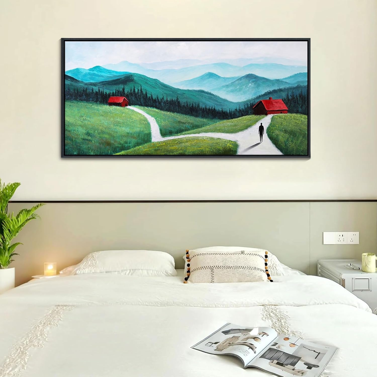 Stunning Green Abstract Landscape Canvas Art - Modern Mountain Forest Wall Decor for Living Room & Bedroom, 24"x48