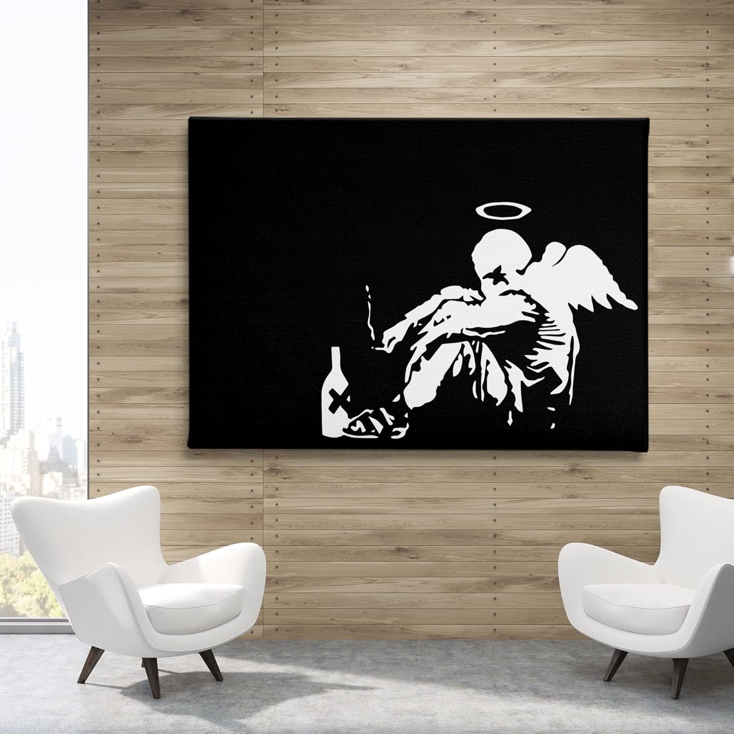 Banksy "Fallen Angel" Graffiti Canvas Art - Modern Black Framed Wall Decor in Various Sizes (45" x 30")