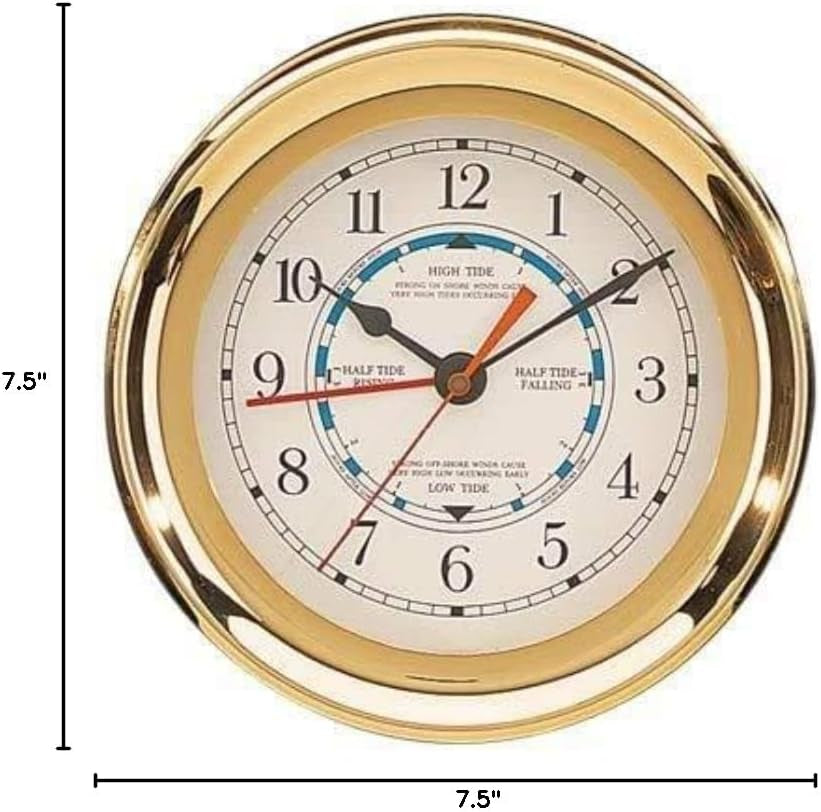 Elegant Brass Captain Tide & Time Wall Clock - Silent 7.5 Inch Bedroom Decor with Clear Glass and Large Numbers