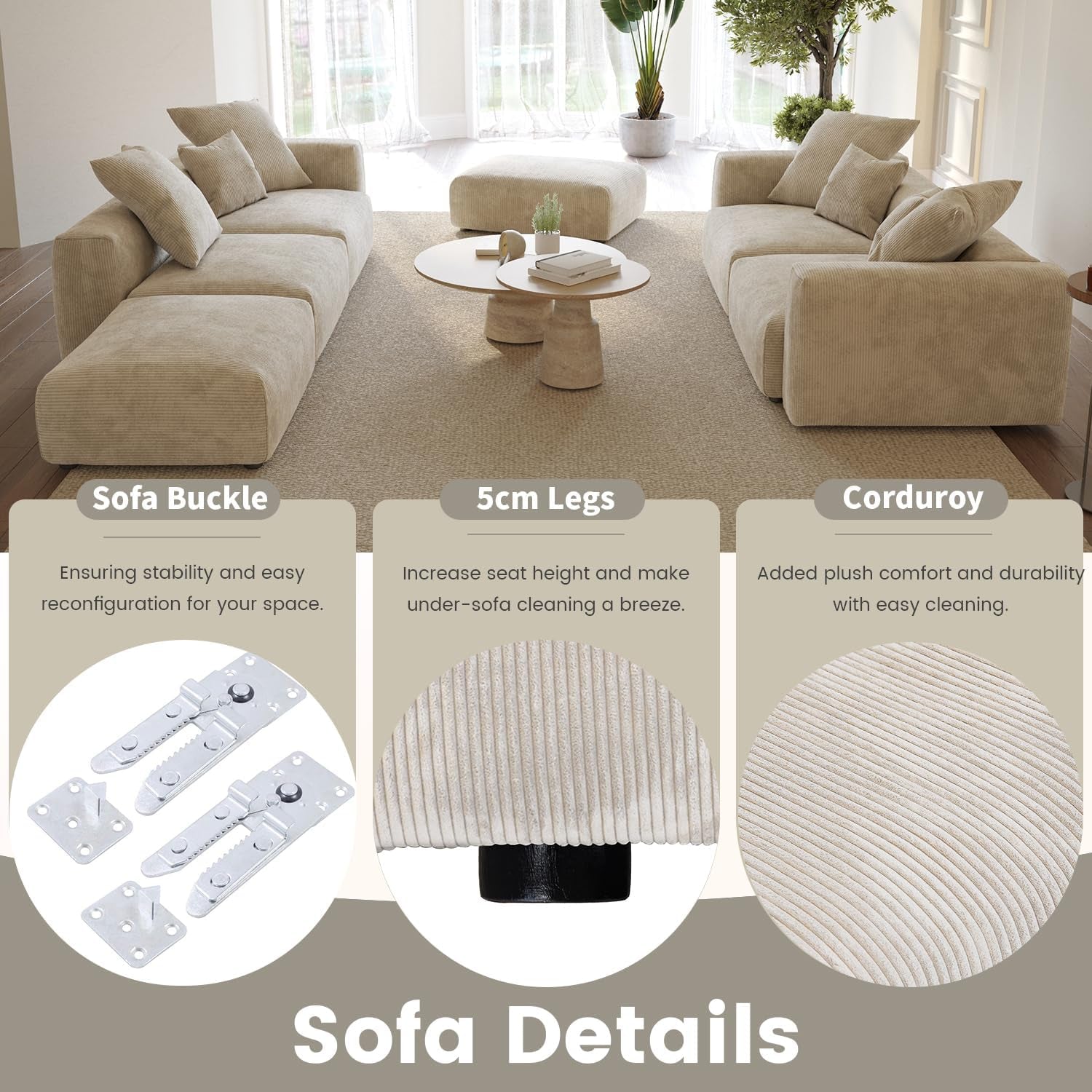 Stylish 102-Inch Cloud Couch Modular Sectional Sofa - Beige Corduroy 2-Seater with Removable & Washable Cushion Covers for Your Living Room