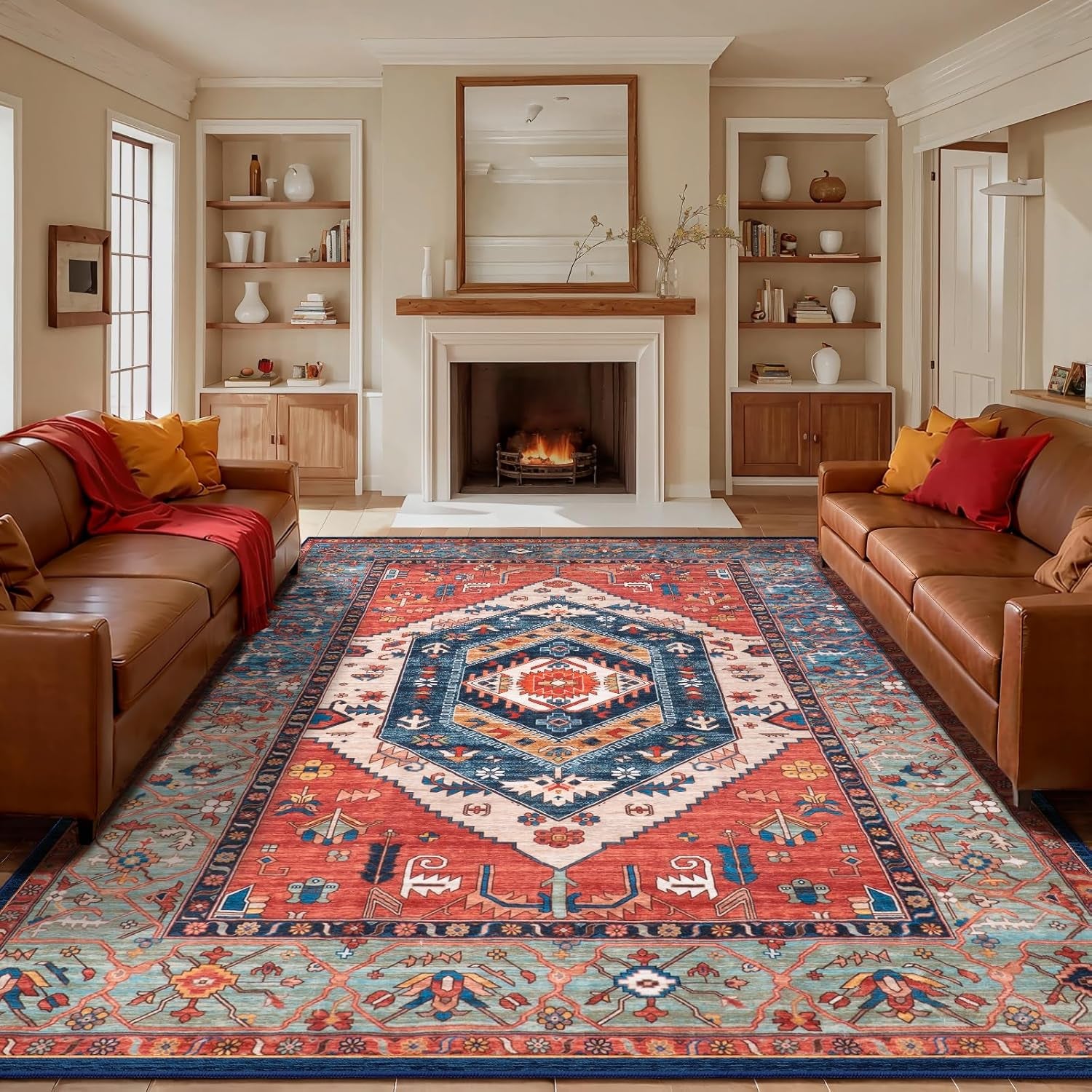 Washable 9x12 Area Rug, Large Non-Slip Bohemian Living Room Carpet, Ultra Soft Vintage Print Distressed Oriental Tribal Design for Dining Room, Bedroom, Dorm, Office, and Home Decor