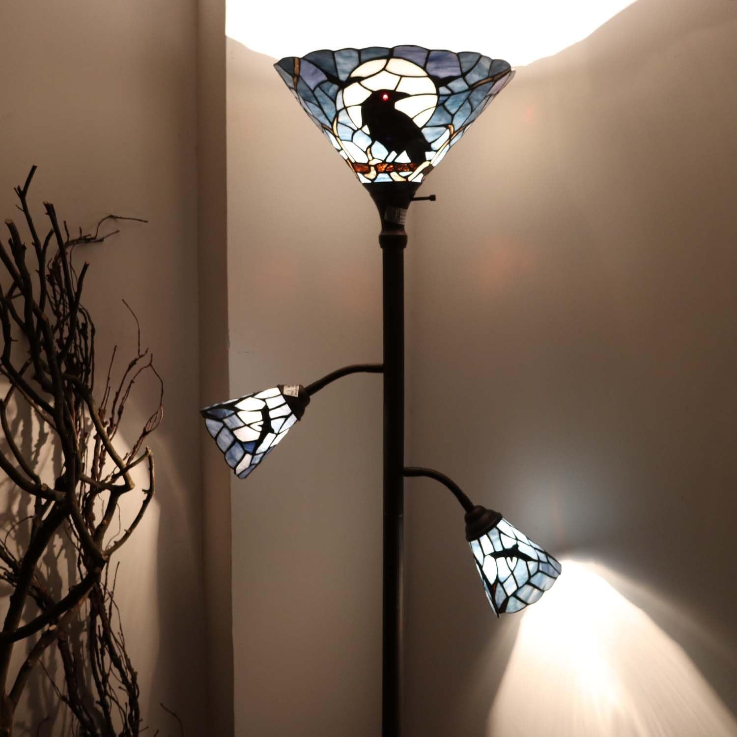 Raven Moonlit Tiffany Style Stained Glass Torchiere Floor Lamp - 70-Inch Dark Blue Reading Light with Sidelights