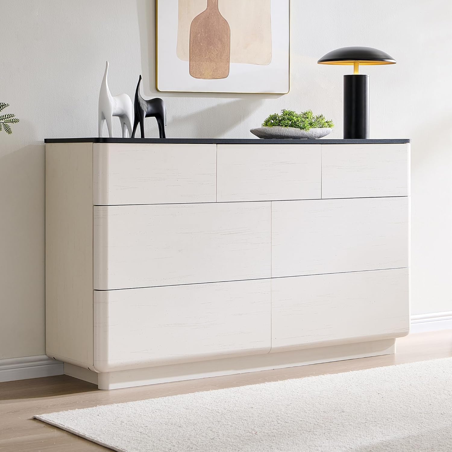 Stylish 7-Drawer Modern Dresser with Push-To-Open Design - 52" Wide Storage Chest for Bedroom or Living Room in Off White