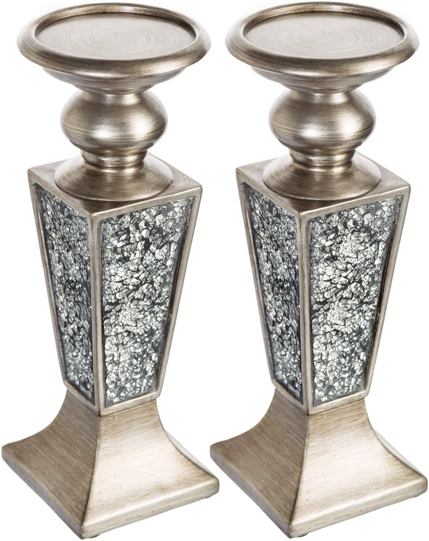 Schonwerk Silver Pillar Candle Holder Set of 2 - Crackled Mosaic Design - Elegant Centerpiece for Living and Dining Rooms - Ideal Coffee Table Decoration and Gift