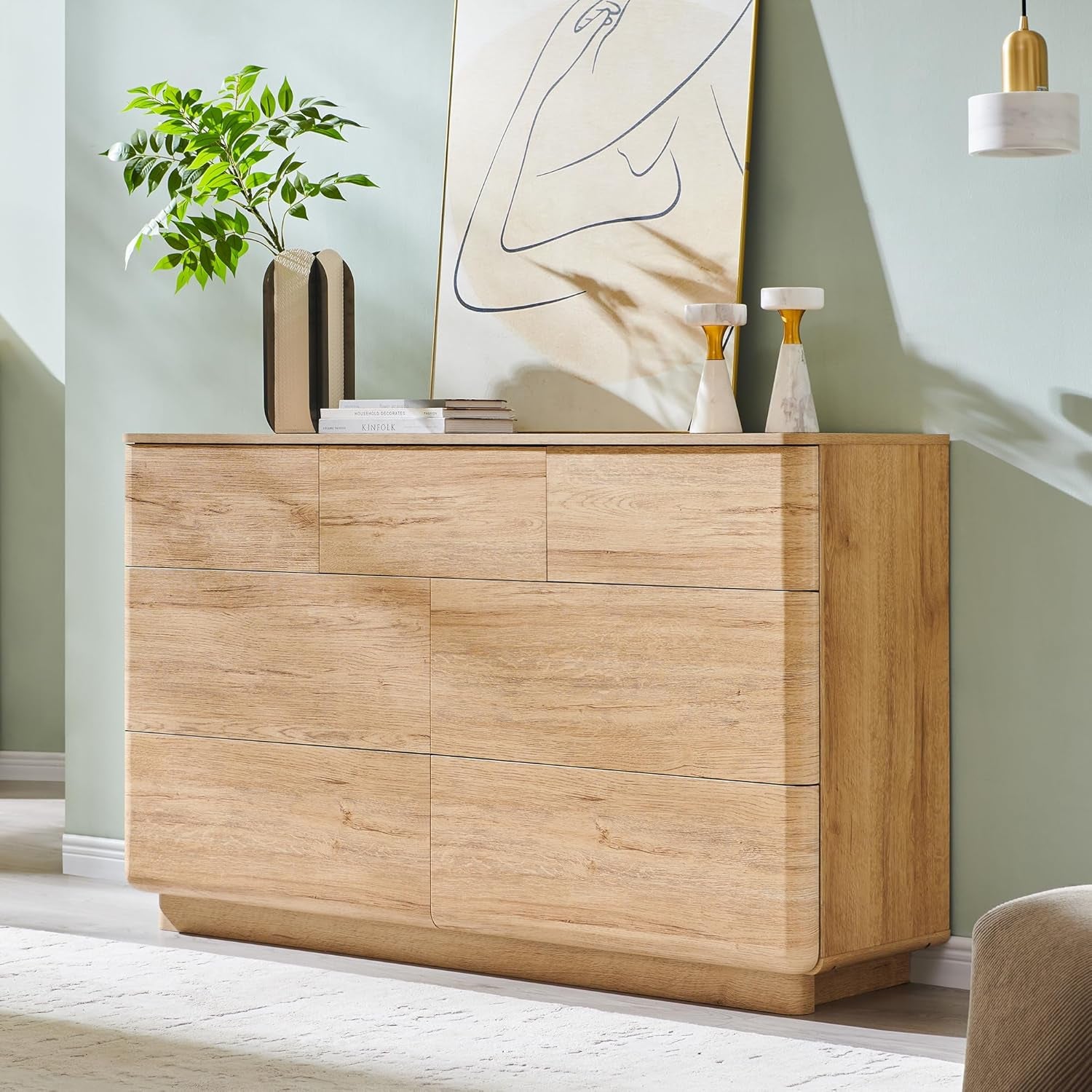 Stylish 7 Drawer Modern Dresser - Push-To-Open Chest with Sleek Handleless Design, 52" Wide Storage Solution for Bedroom or Living Room in Natural Oak