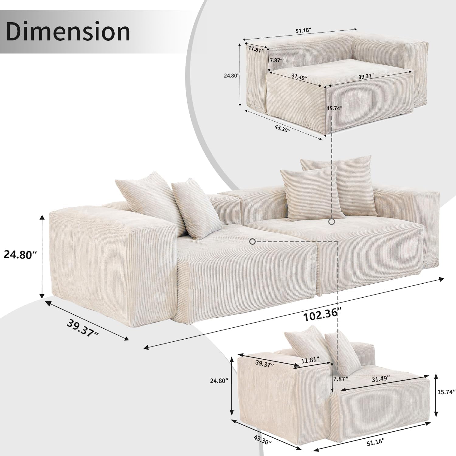 Stylish 102-Inch Cloud Couch Modular Sectional Sofa - Beige Corduroy 2-Seater with Removable & Washable Cushion Covers for Your Living Room