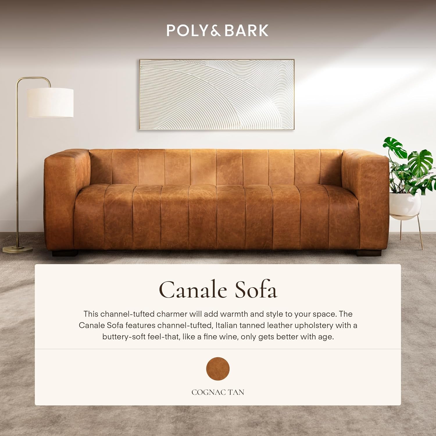 Canale 86" Full-Grain Channel Tufted Leather Couch - Luxurious Vintage Italian Leather Sofa in Cognac Tan for Your Living Room