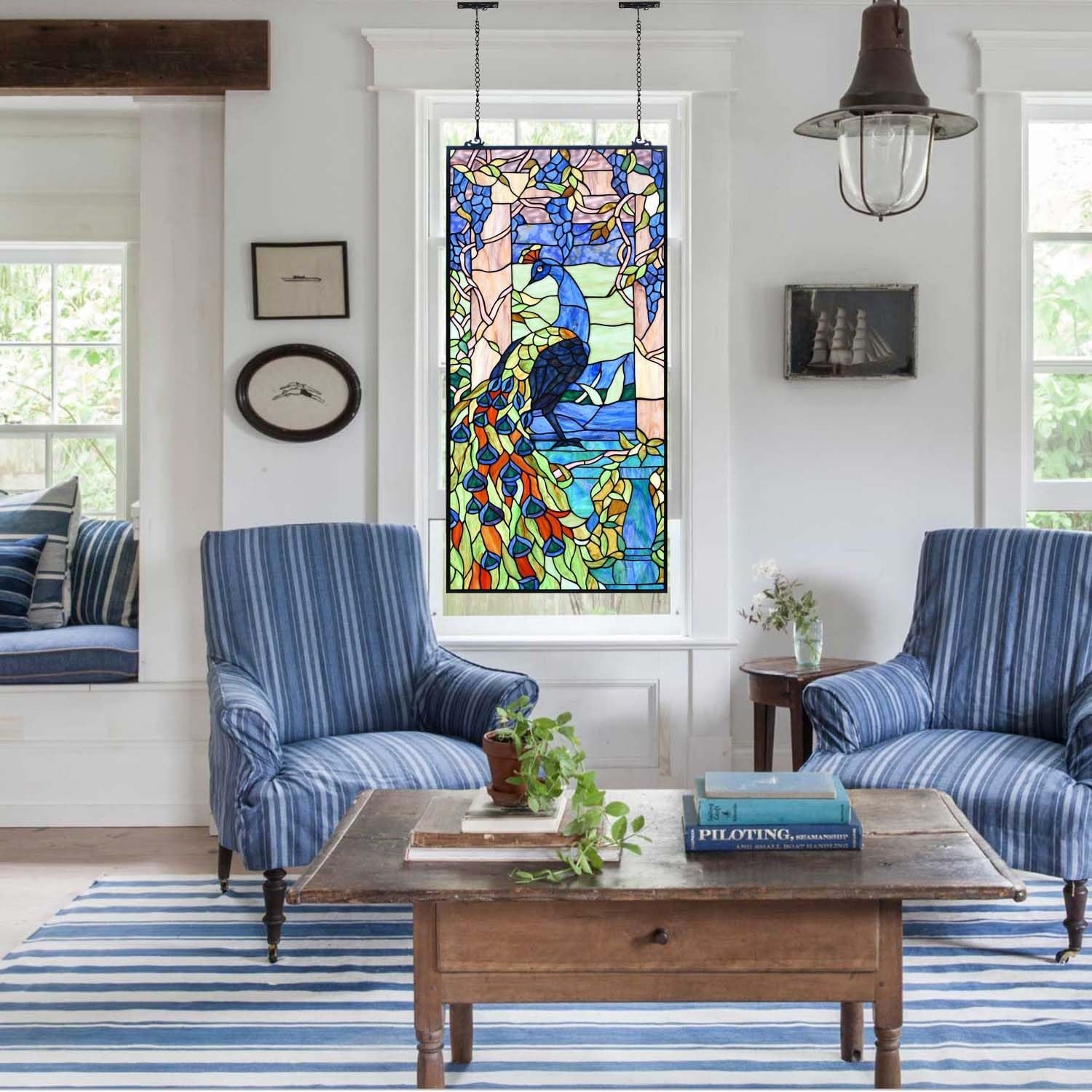 Stunning Peacock in Garden Tiffany Style Stained Glass Window Panel - Elegant Home Decor (Blue, 19.5"Wx40.5"H)