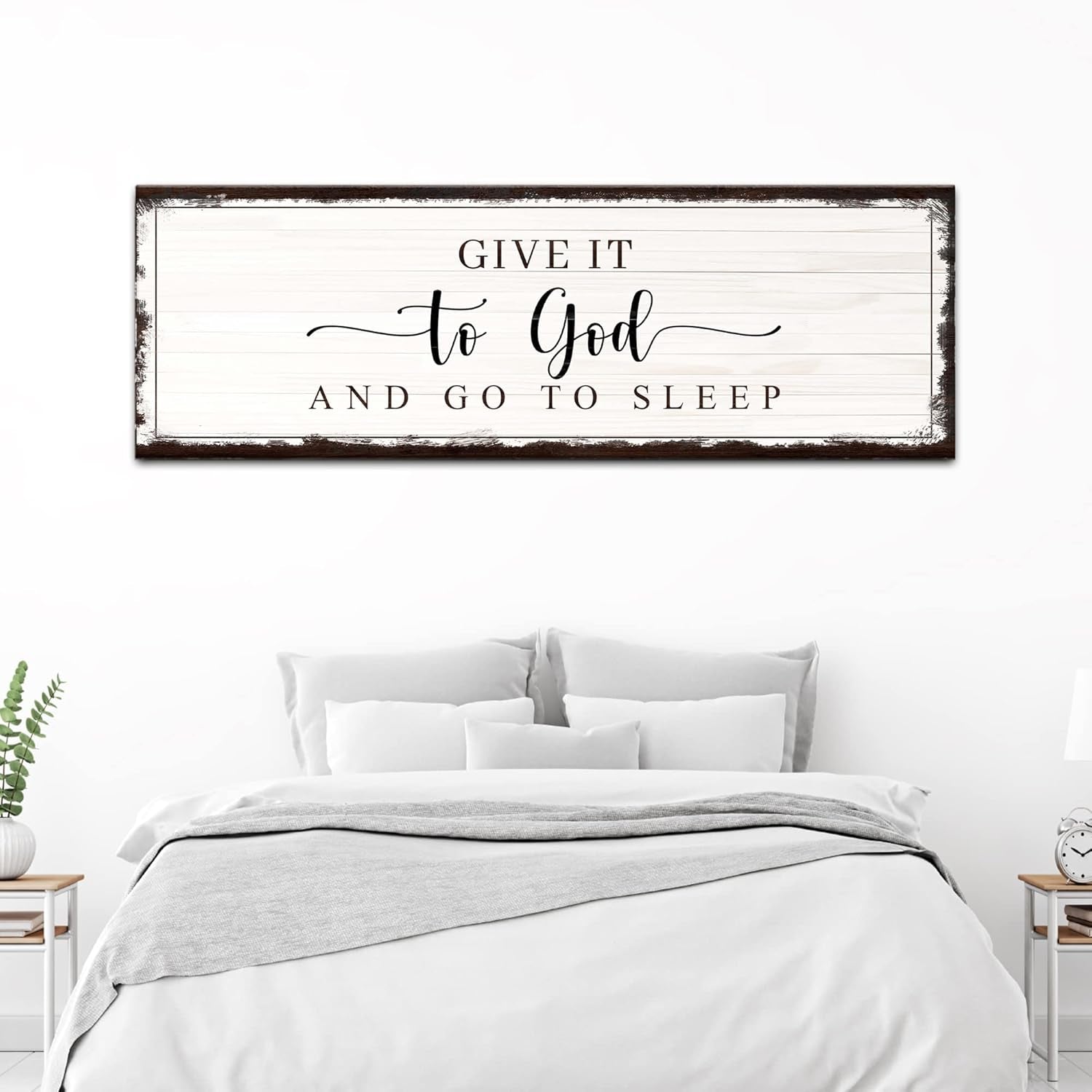 Christian Wall Art Decoration - Inspirational Religious Bible Verse Sign for Home, Living Room, and Bedroom - Faith-Focused Scripture Quote: "Give It to God and Go to Sleep," 60x20 Inches