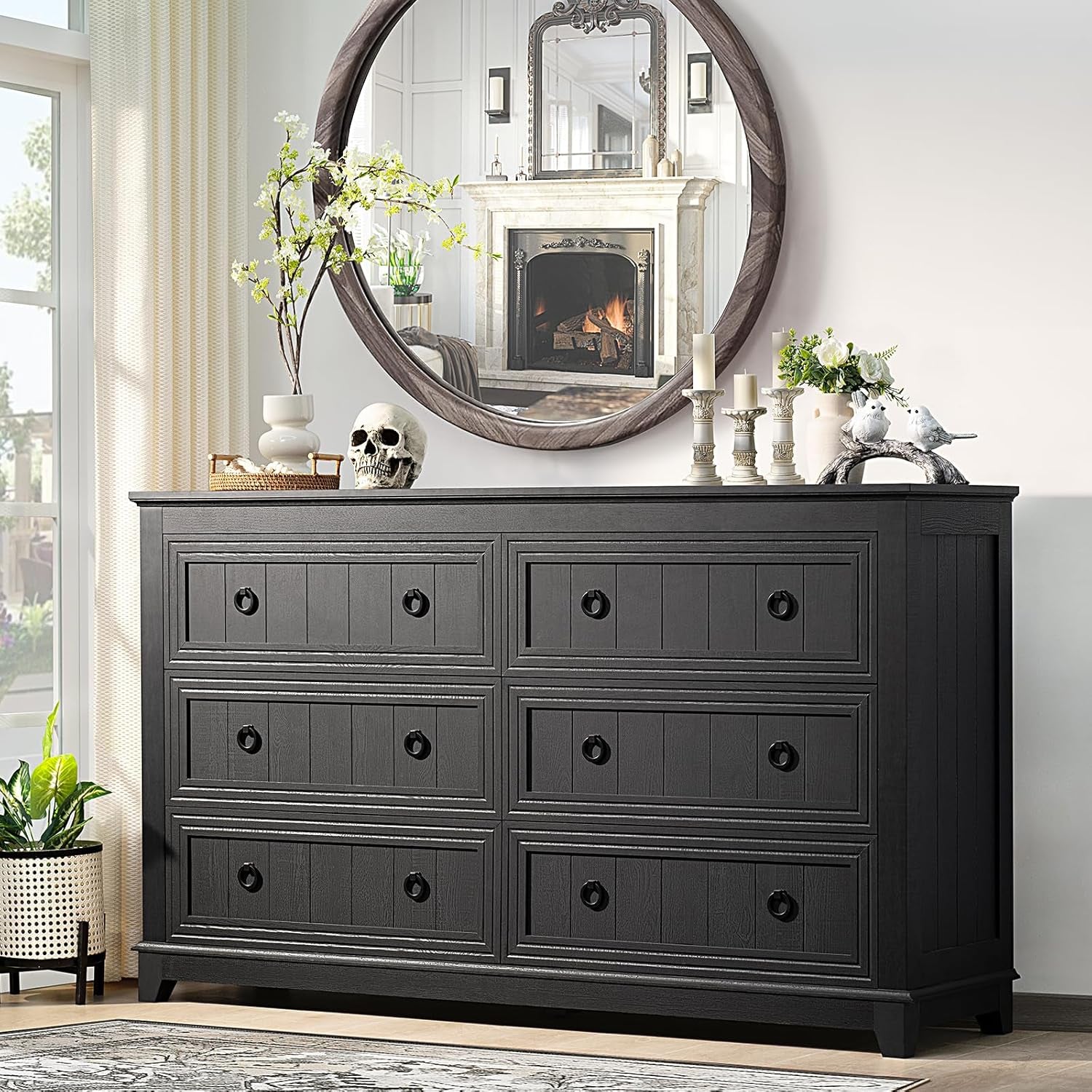 Chic Farmhouse Bedroom & Living Room Furniture Set: 58” Dresser with 6 Drawers & Set of 2 Night Stands with Charging Stations