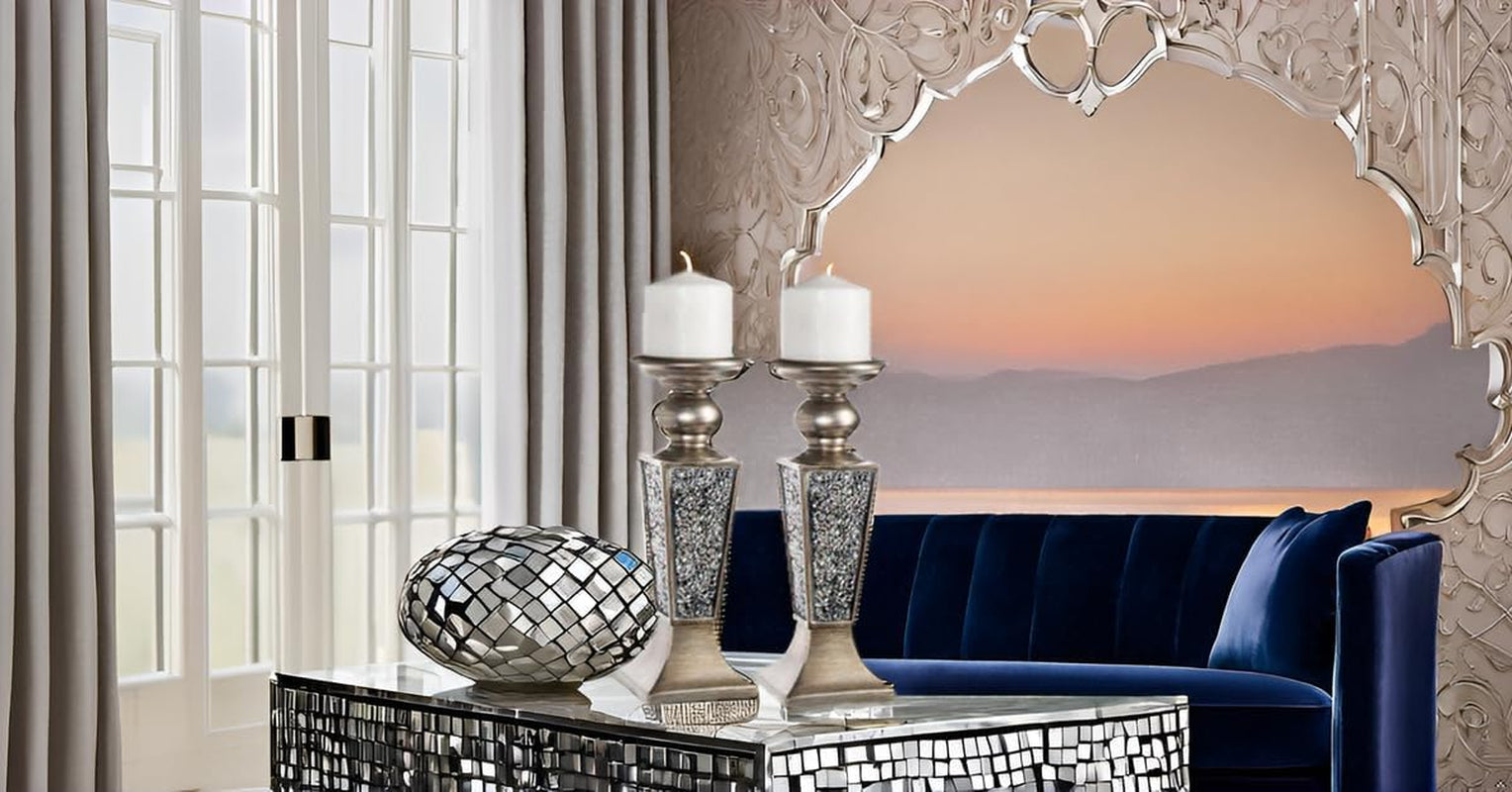 Schonwerk Silver Pillar Candle Holder Set of 2 - Crackled Mosaic Design - Elegant Centerpiece for Living and Dining Rooms - Ideal Coffee Table Decoration and Gift