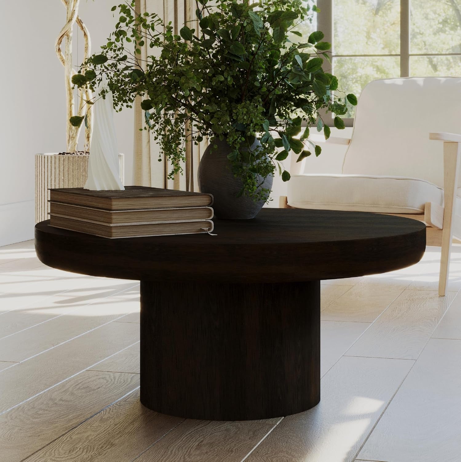 Chic Aged Brown Wooden Circular Coffee Table - 36" Round Modern Farmhouse Accent for Your Living Room