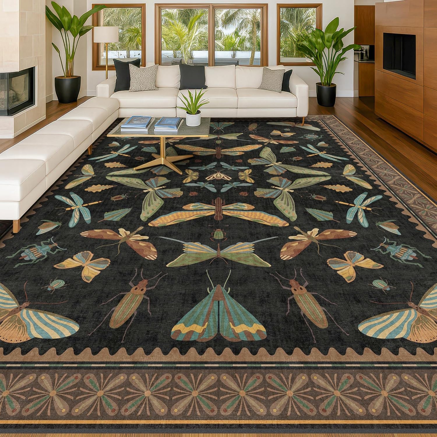 Luxurious Large Black Area Rug - Soft & Stain Resistant 9x12 for Living & Dining Rooms, Unique Insect Bug Home Décor, Perfect Under Bed Addition