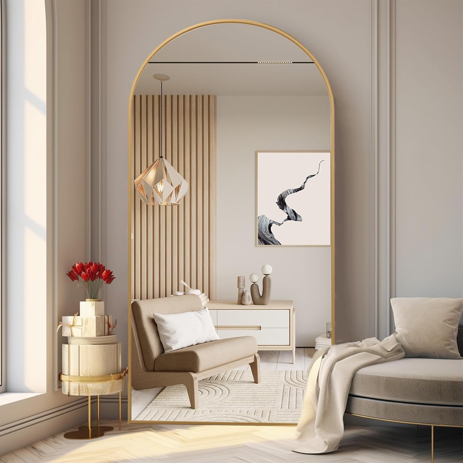 Elegant Arched Full Length Mirror - 71x32 Oversized Gold Floor Mirror with Stand for Living Room and Bedroom