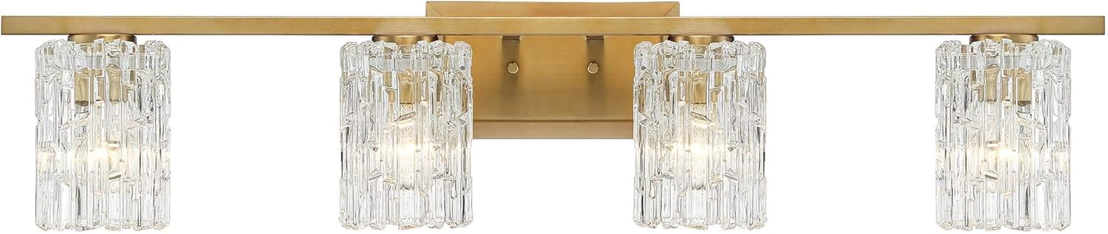 Modern Warm Brass 4-Light Wall Sconce with Textured Ice Glass Shade - 36" Bathroom Vanity & Hallway Decor