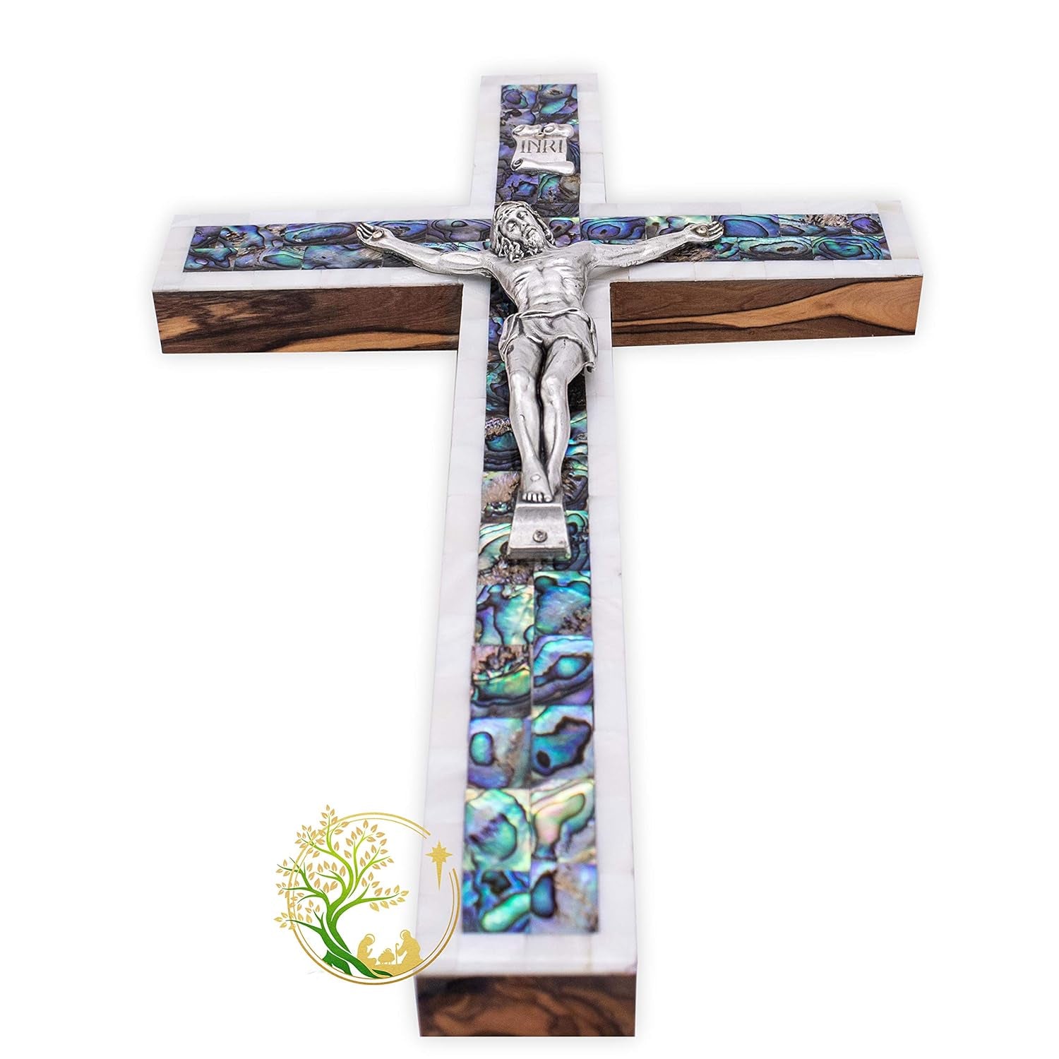 Stunning Extra Large Olivewood Crucifix with Mother of Pearl Inlay - Perfect Religious Wall Décor & Meaningful Gift for All Occasions