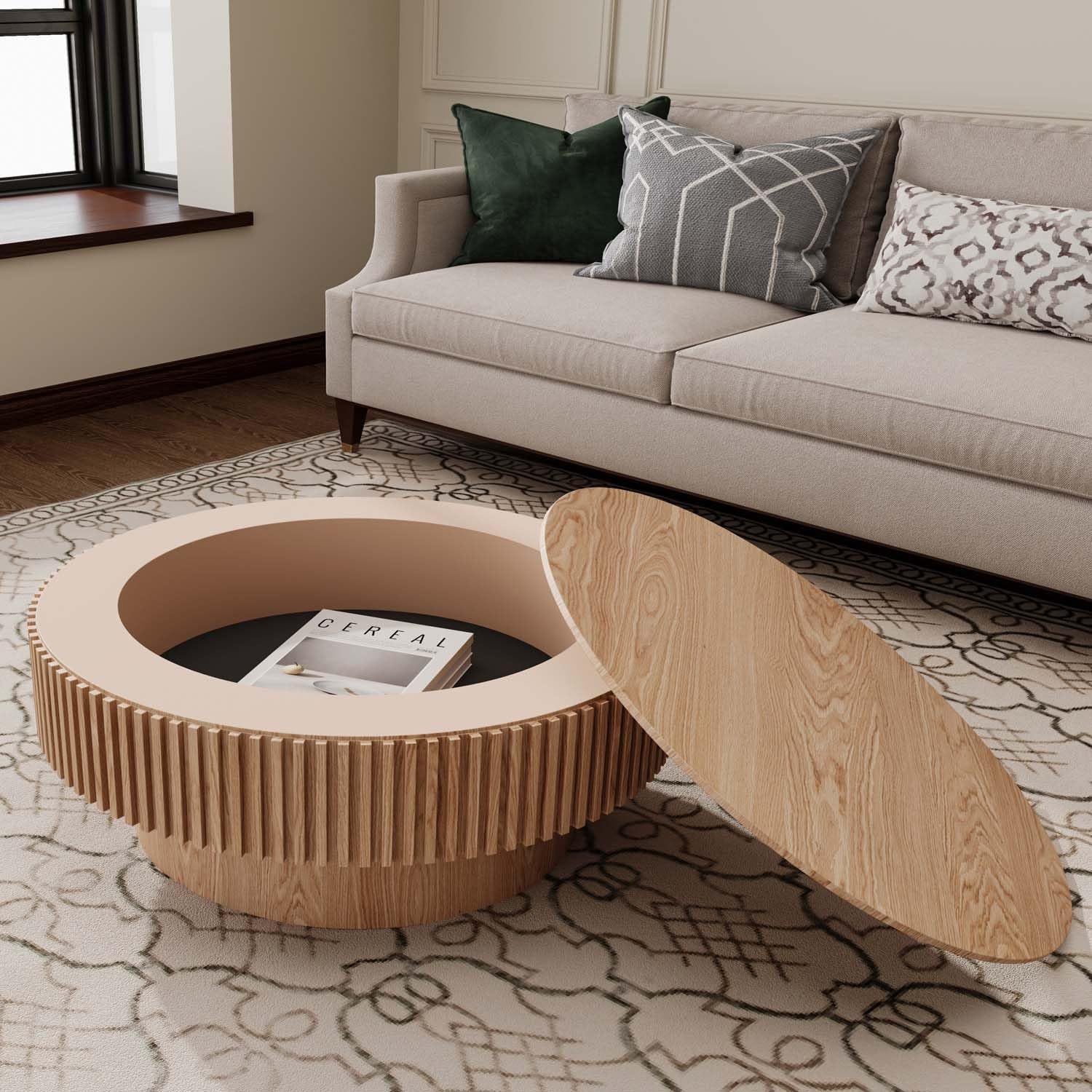 Stylish Round Coffee Table with Storage - Modern Wooden Design for Small Spaces, Perfect Accent for Living Room (31.5''L × 31.5''W × 14''H, Natural Finish)