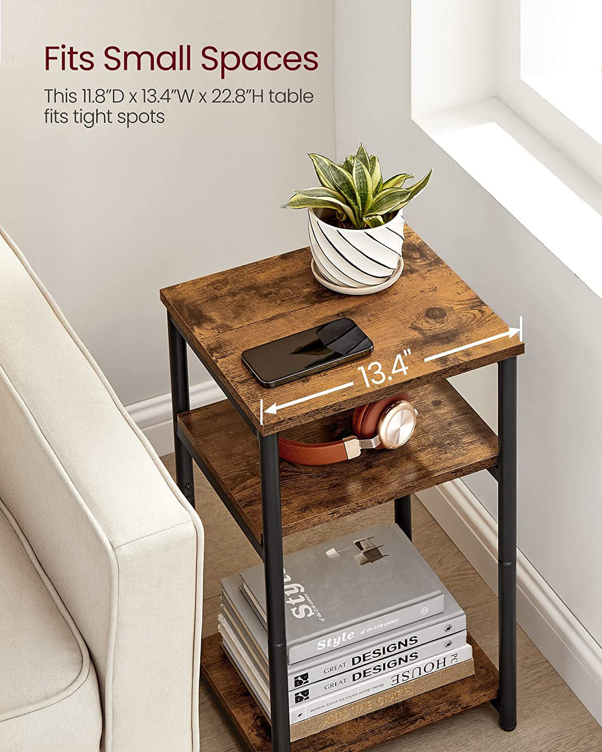 Rustic Brown & Classic Black Side Table - Versatile Small End Table & Tall Nightstand for Living Room, Bedroom, Office, and Bathroom - ULET273B01