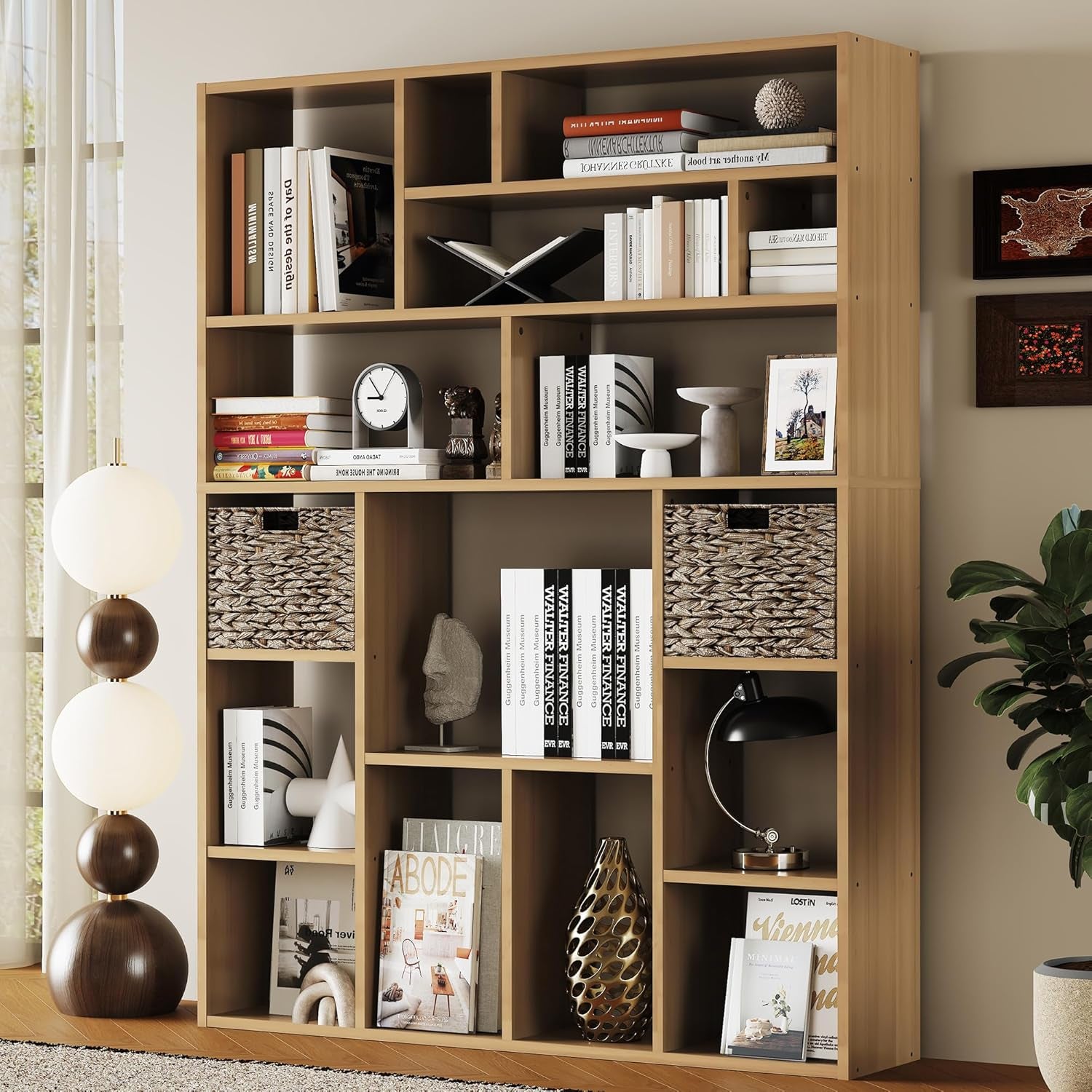 Stylish 71" Wooden Bookcase with 6-Tier Heavy Duty Shelving & Foldable Baskets - Versatile Storage Solution for Living Room & Bedroom in Yuzu Oak Finish