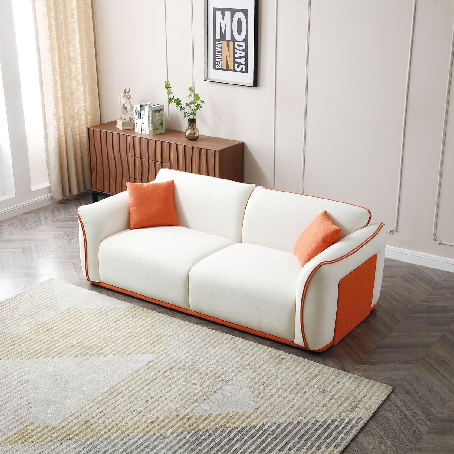 Chic Mid-Century Beige Sofa - Stylish Upholstered Couch for Small Spaces and Modern Living Rooms