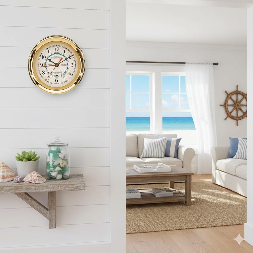 Elegant Brass Captain Tide & Time Wall Clock - Silent 7.5 Inch Bedroom Decor with Clear Glass and Large Numbers