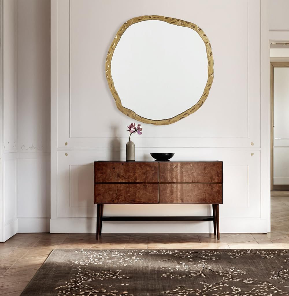 Stunning Asymmetrical Brass Wall Mirror - 40x38 Inch Hand Forged Metal Frame for Elegant Home Decor