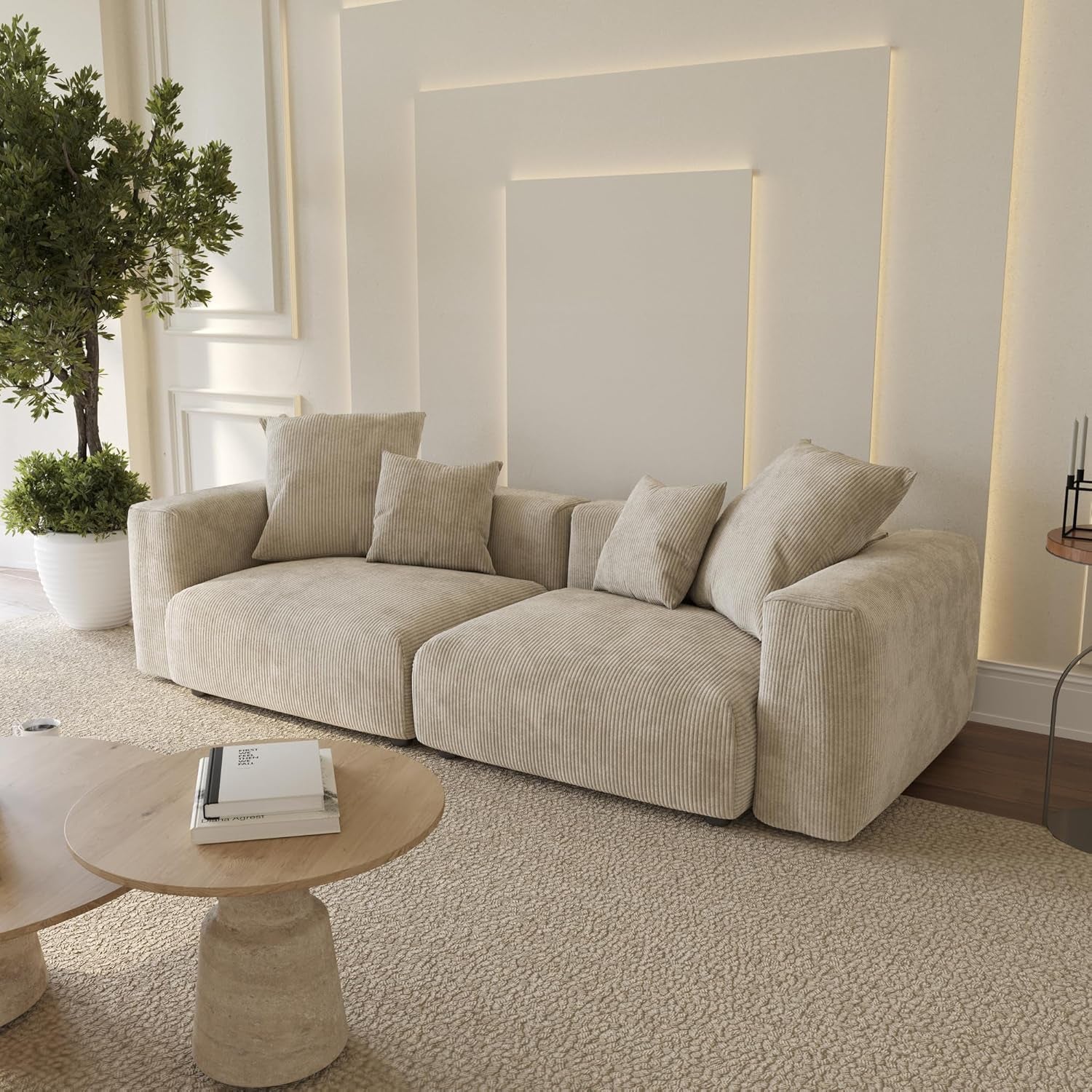 Stylish 102-Inch Cloud Couch Modular Sectional Sofa - Beige Corduroy 2-Seater with Removable & Washable Cushion Covers for Your Living Room