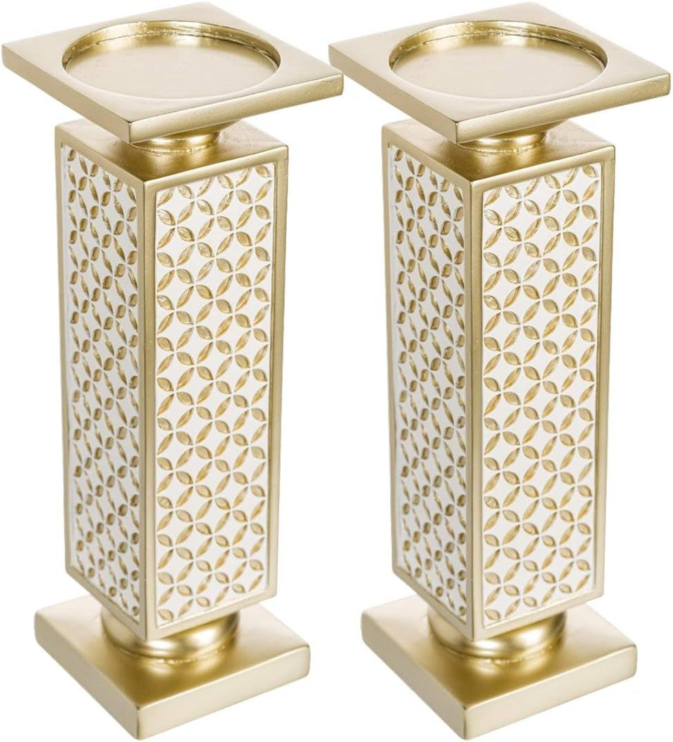 Schonwerk Diamond Lattice Pillar Candle Holders - Set of 2 Elegant Centerpiece Decorations for Dining and Living Rooms