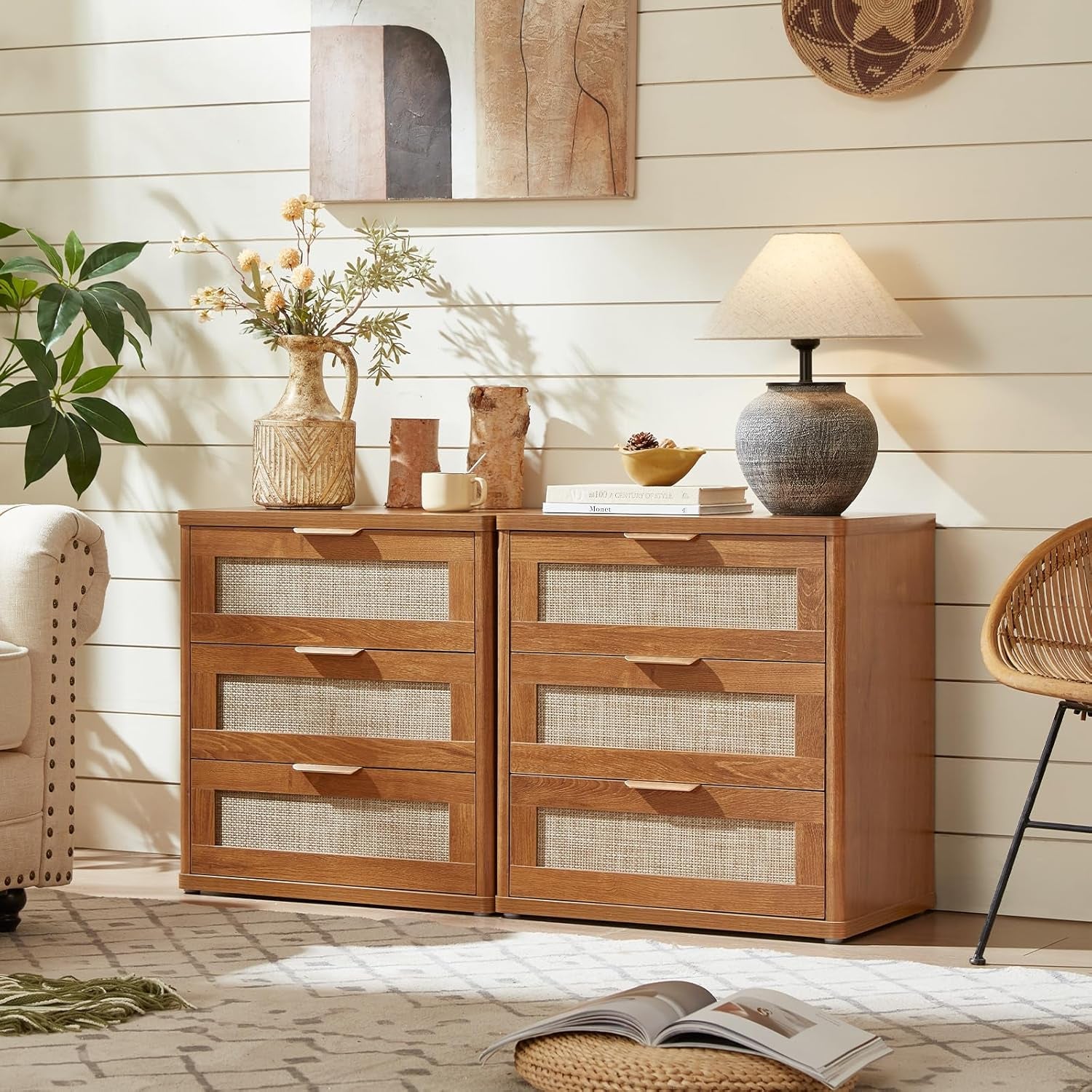 Boho 3-Piece Rattan Dresser and Nightstand Set - Stylish Wood Furniture with 6 Drawers for Bedroom, Living Room, and Hallway
