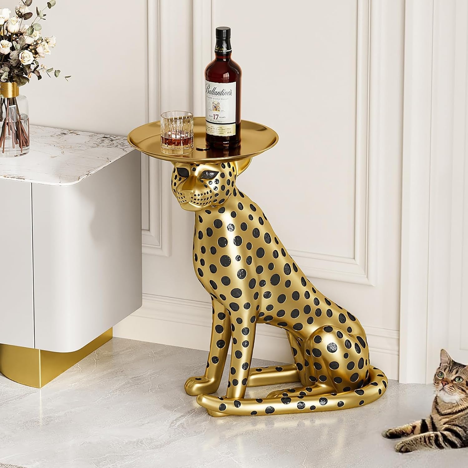 Elegant Animal-Themed Side Table with Tray Top – Gold Leopard Statue Panther Figurine End Table Decor for Home and Gifting