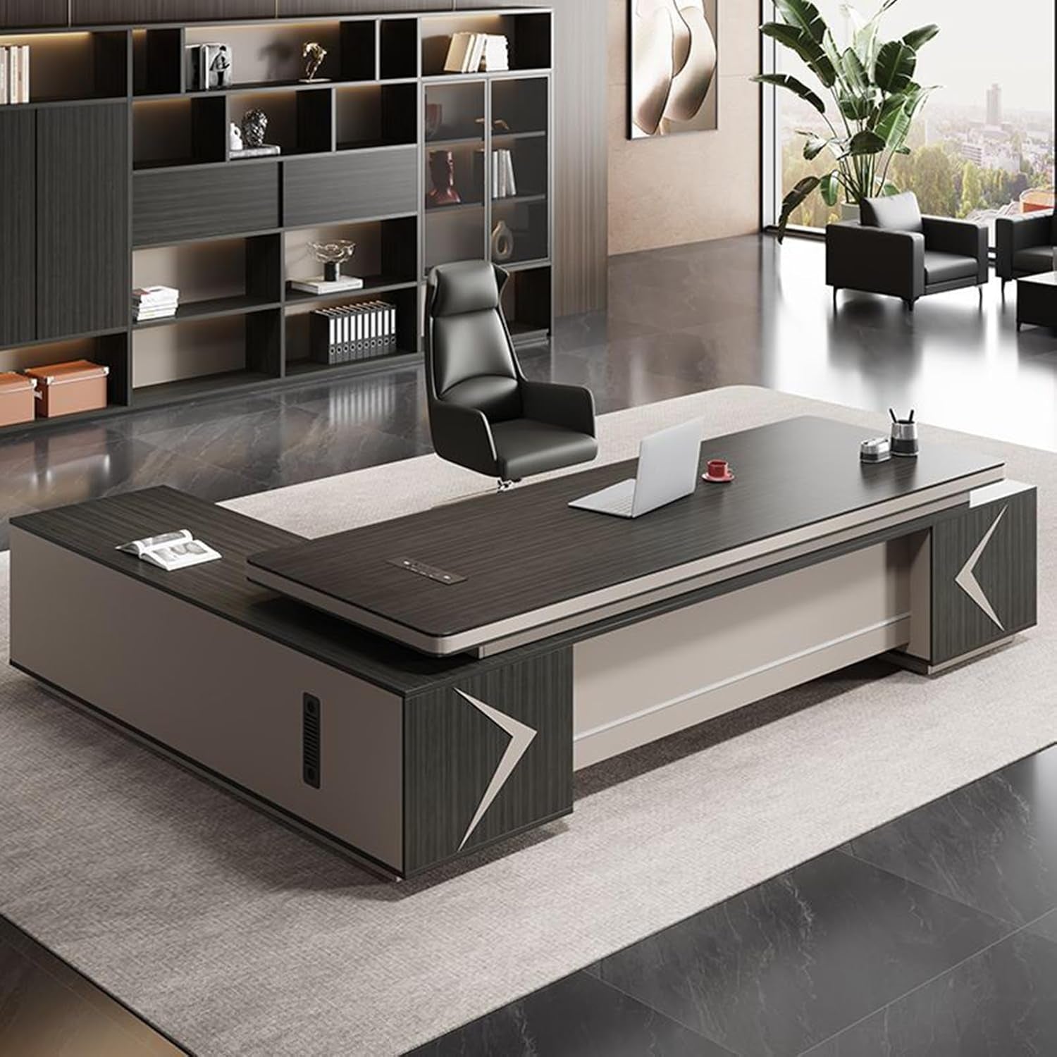 Elegant Black Wood Executive Office Desk Set with Lateral Cabinet - Perfect for CEOs and Professionals