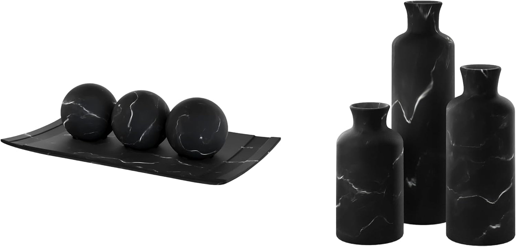 Elegant Black Marble-Inspired Home Decor Tray and Orb Set with Coordinating Set of 3 Vases - Ideal for Coffee Table Centerpiece and Stylish Dining, Kitchen Counter, or Foyer Accents