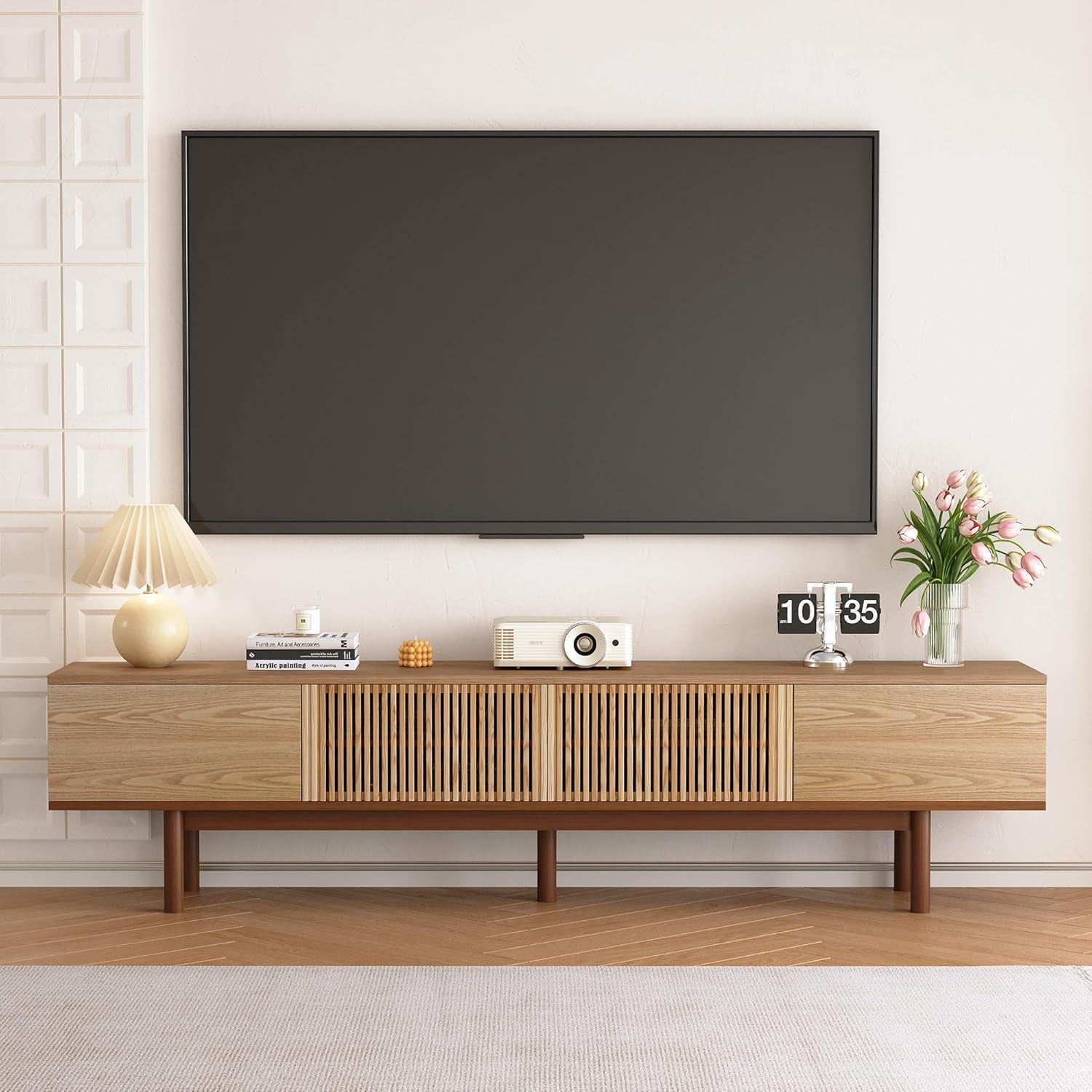 Stunning 88.6" Solid Wood Mid-Century TV Stand - Fully Assembled Entertainment Center with Slatted Doors, Perfect for TVs up to 90" - Stylish Walnut Storage Solution for Living Room & Bedroom