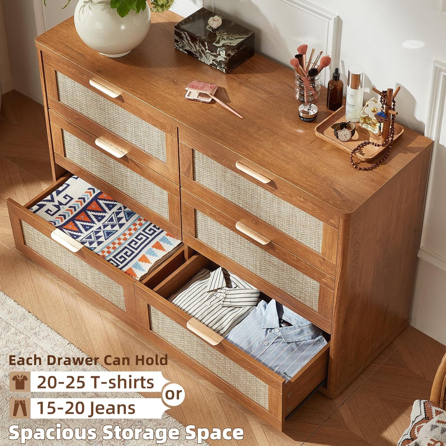 Boho 3-Piece Rattan Dresser and Nightstand Set - Stylish Wood Furniture with 6 Drawers for Bedroom, Living Room, and Hallway