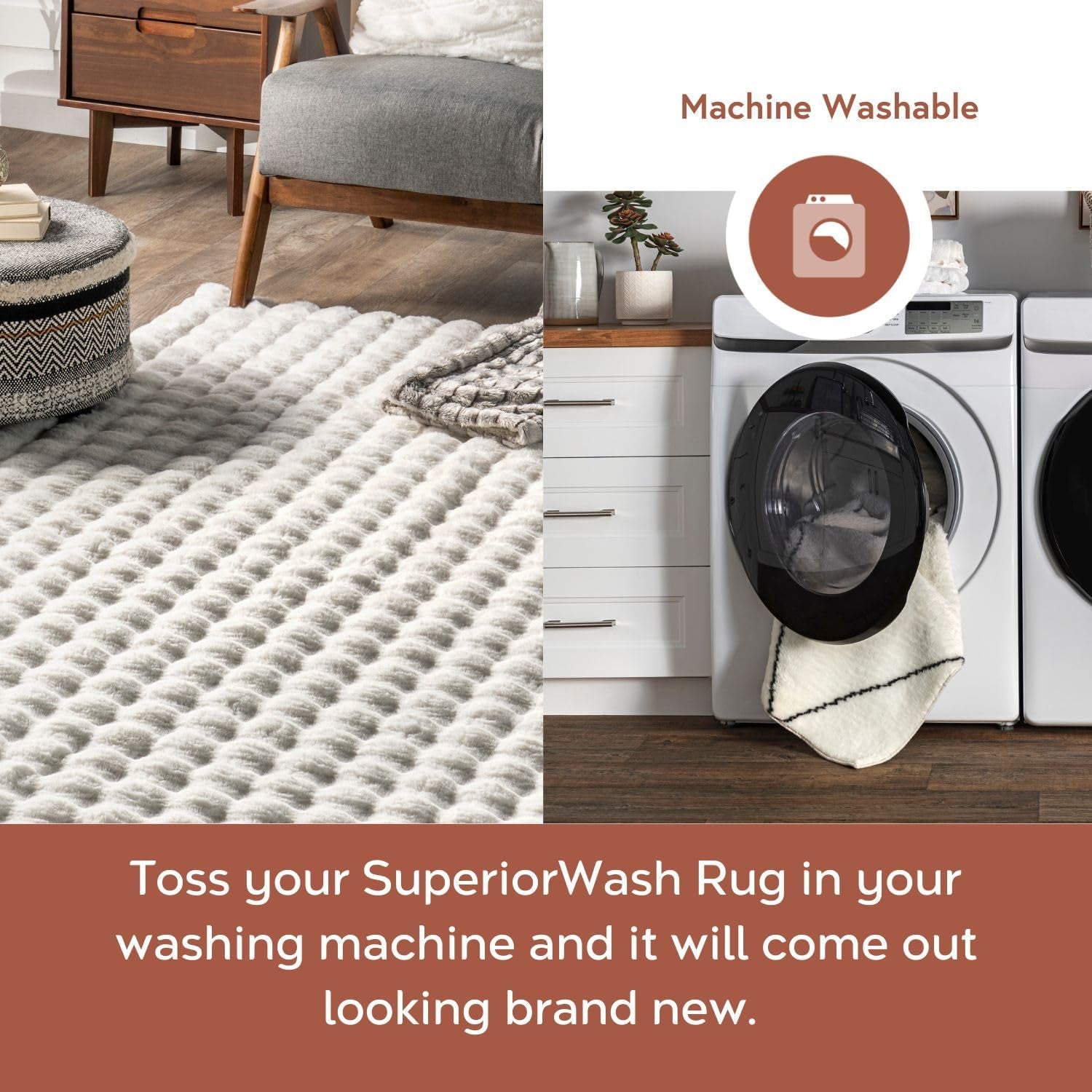 Cozy Plush Area Rug 7'6" x 9'6" - Machine Washable, Non-Slip Soft Fluffy Shag Carpet for Living Room, Bedroom, Kids Room, Nursery, Home Décor in Jeni White