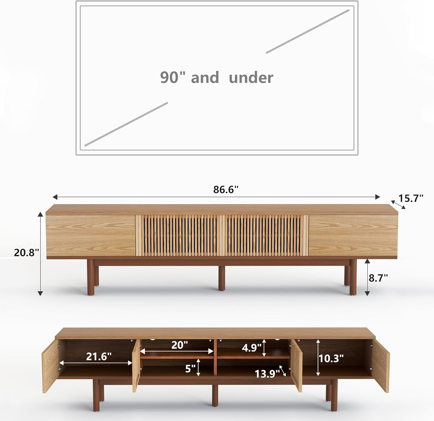 Stunning 88.6" Solid Wood Mid-Century TV Stand - Fully Assembled Entertainment Center with Slatted Doors, Perfect for TVs up to 90" - Stylish Walnut Storage Solution for Living Room & Bedroom