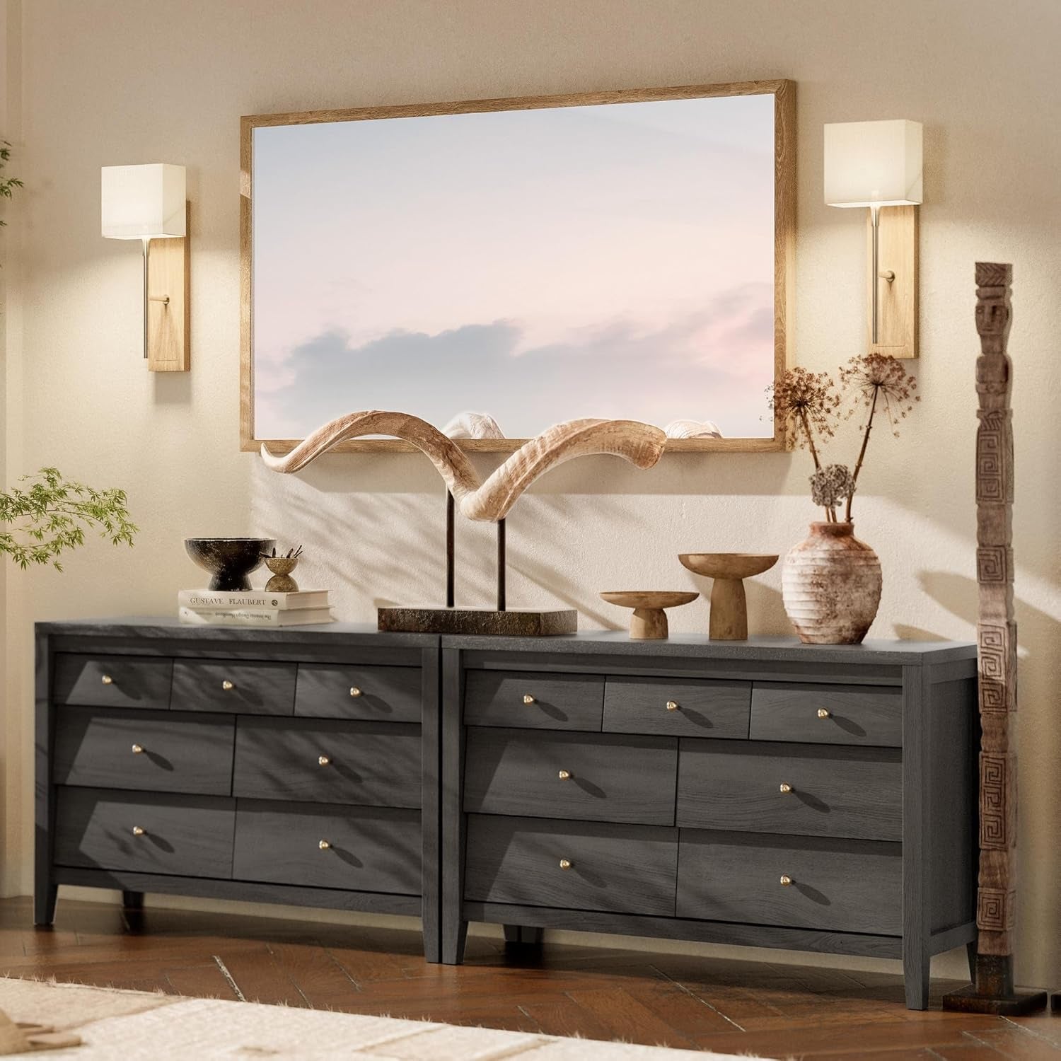 Stylish Black 7-Drawer Farmhouse Dresser - Versatile Storage for Bedroom and Living Room